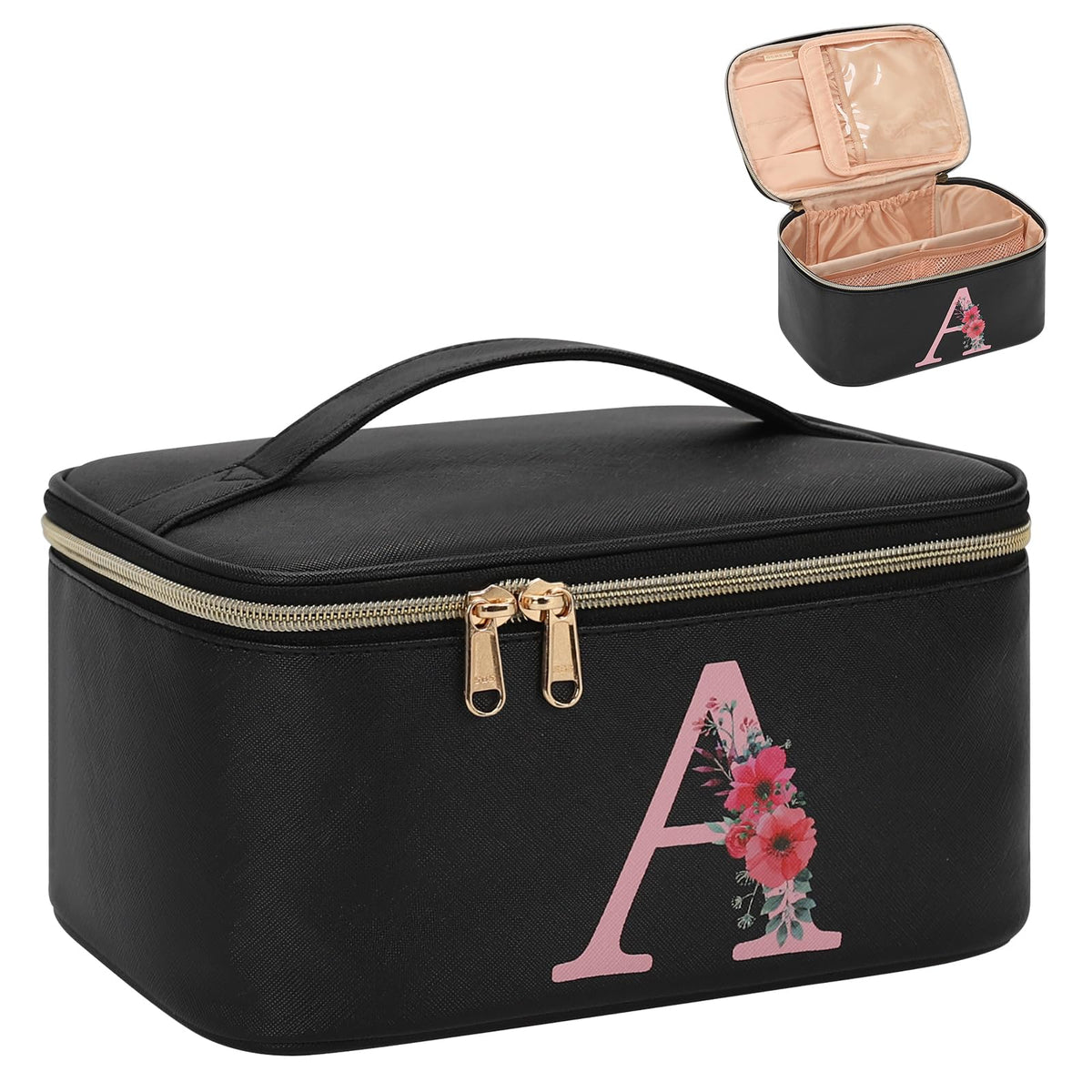 OCHEAL Initial Makeup Bag,Monogram Make up Bag Black Travel Makeup Organizer Case Beauty Toiletry Cosmetic Bag with Brush Holder, Trendy Stuff Personalized Gifts for Women and Girls-A