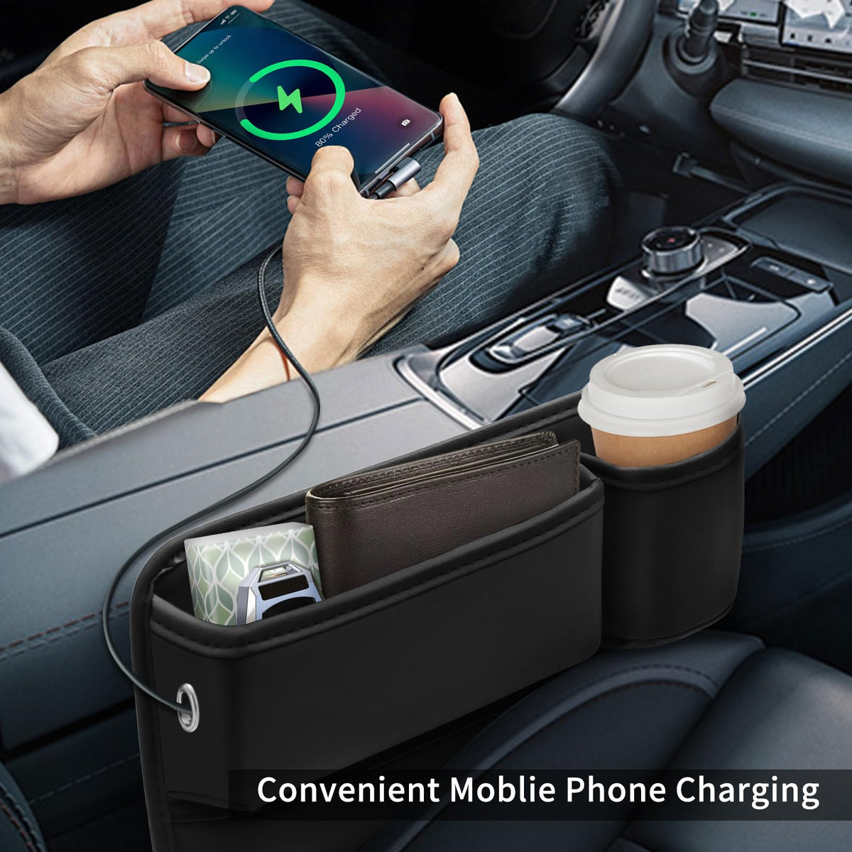 Car Leather Cup Holder Gap Bag 2-Piece Car Seat Gap Filler with Cup Holders for Cups Glasses Keycard (Main and Passenger) (Classic Black)