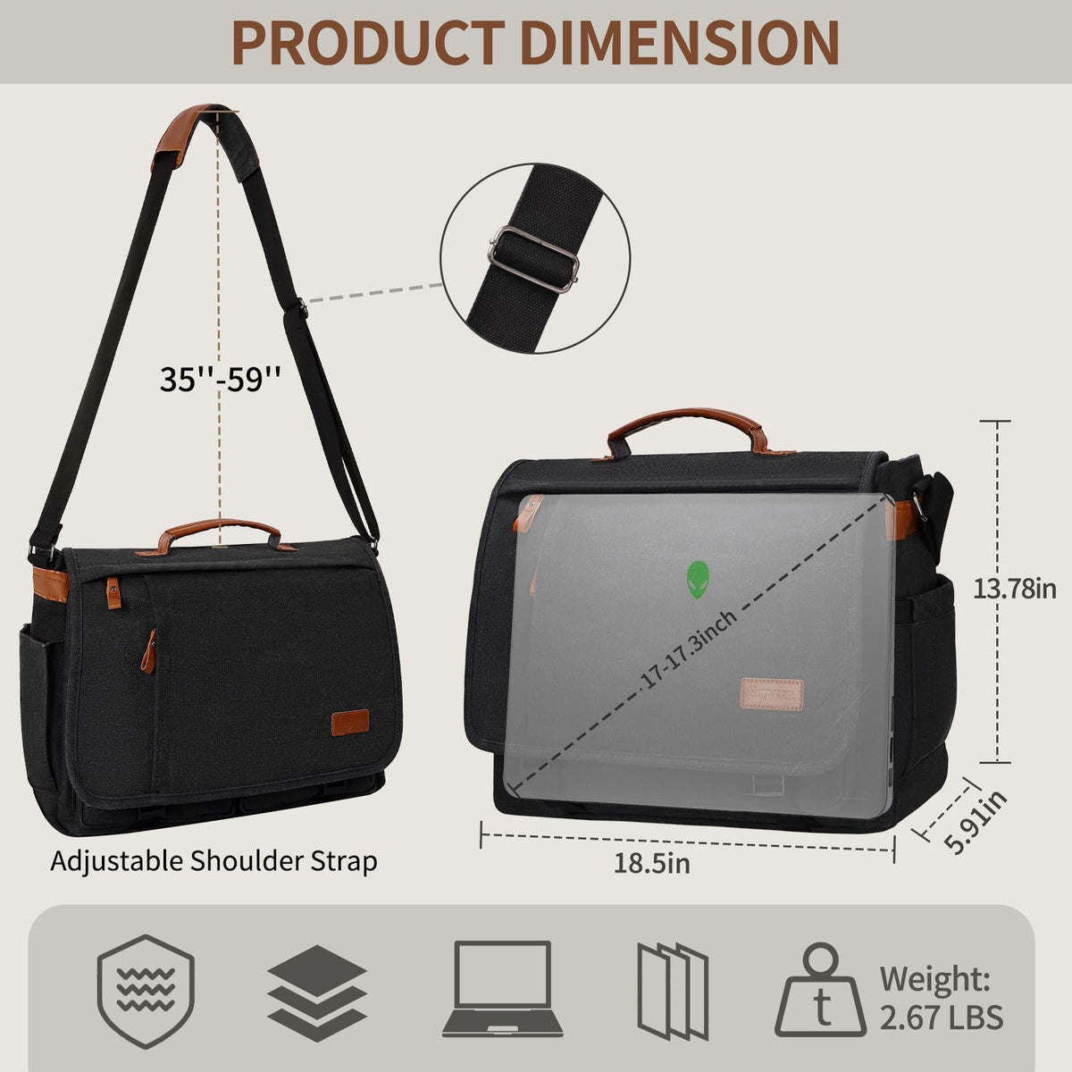 ESTARER Messenger Bag 17.3 Inch, Mens Computer Bag for Teacher/College/Work/Travel, Water-resistant Canvas Laptop Bag Satchel Briefcase, Dark Grey