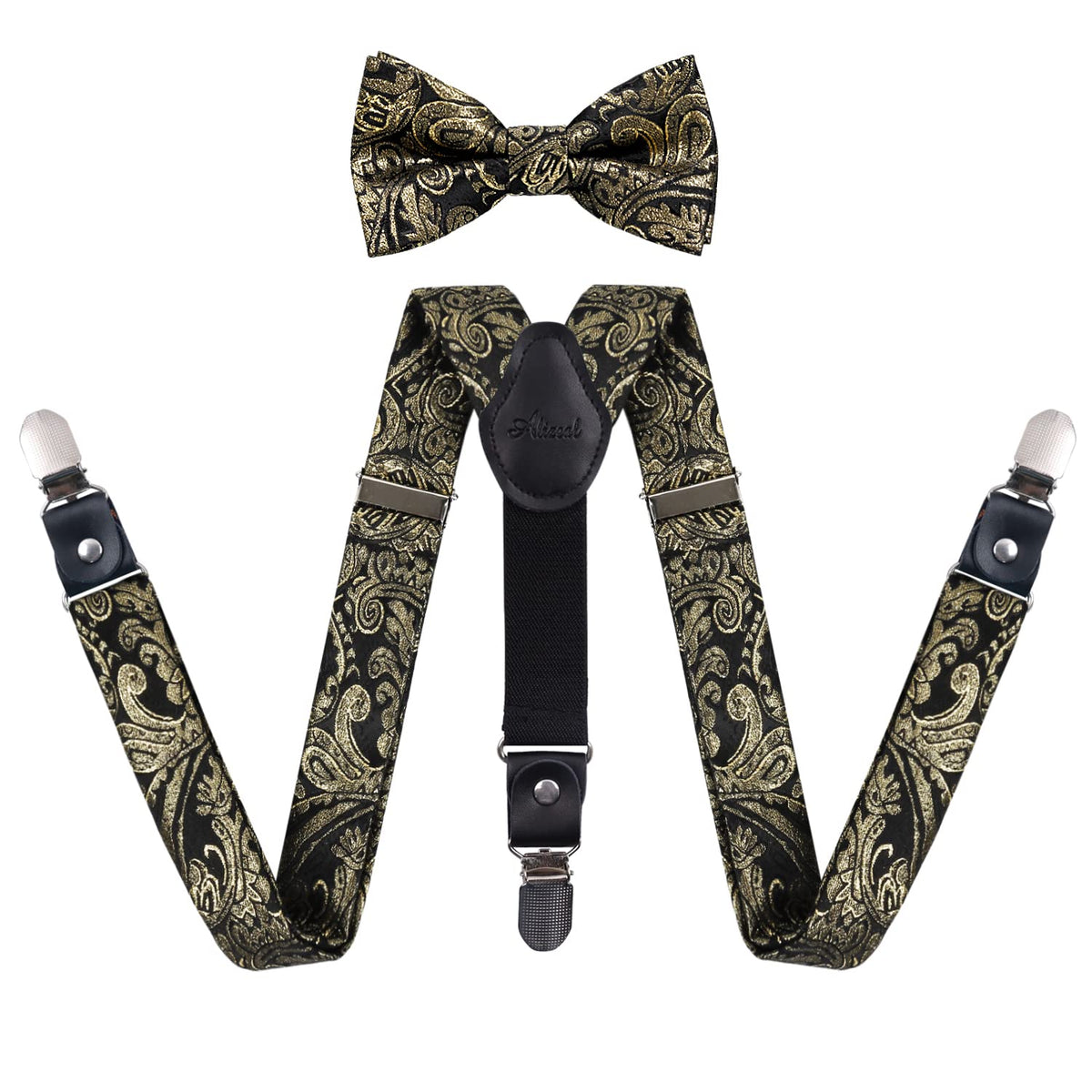 Alizeal Boys Adjustable Floral Paisley Pre-tied Bow Tie and Elastic Y Shape 3 Clips Suspenders Set, Black Gold