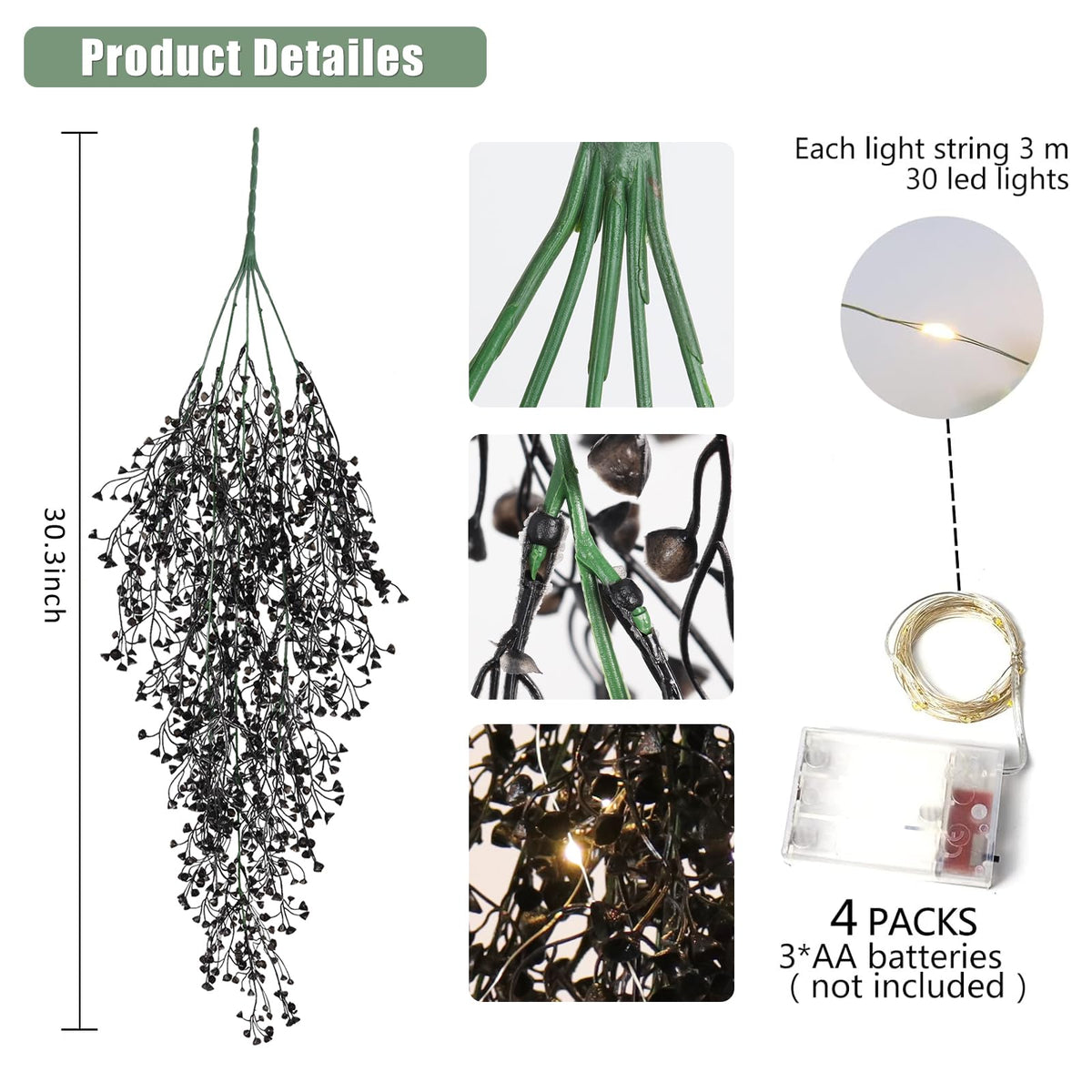 RECUTMS 2.5ft Artificial Hanging Plant with 30LED Lights Ferns Artificial Plants Large Faux Greenery Ivy 4pcs for Home Living Room House Wall Window Porch Office Wedding Decor (Black)