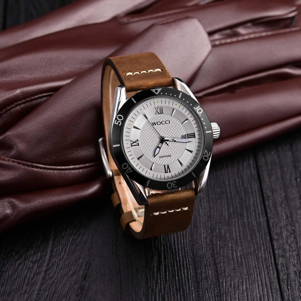 WOCCI 22mm Old-fashioned Watch Band for Men, Top Grain Leather, Silver Brushed Buckle (Caramel Brown)