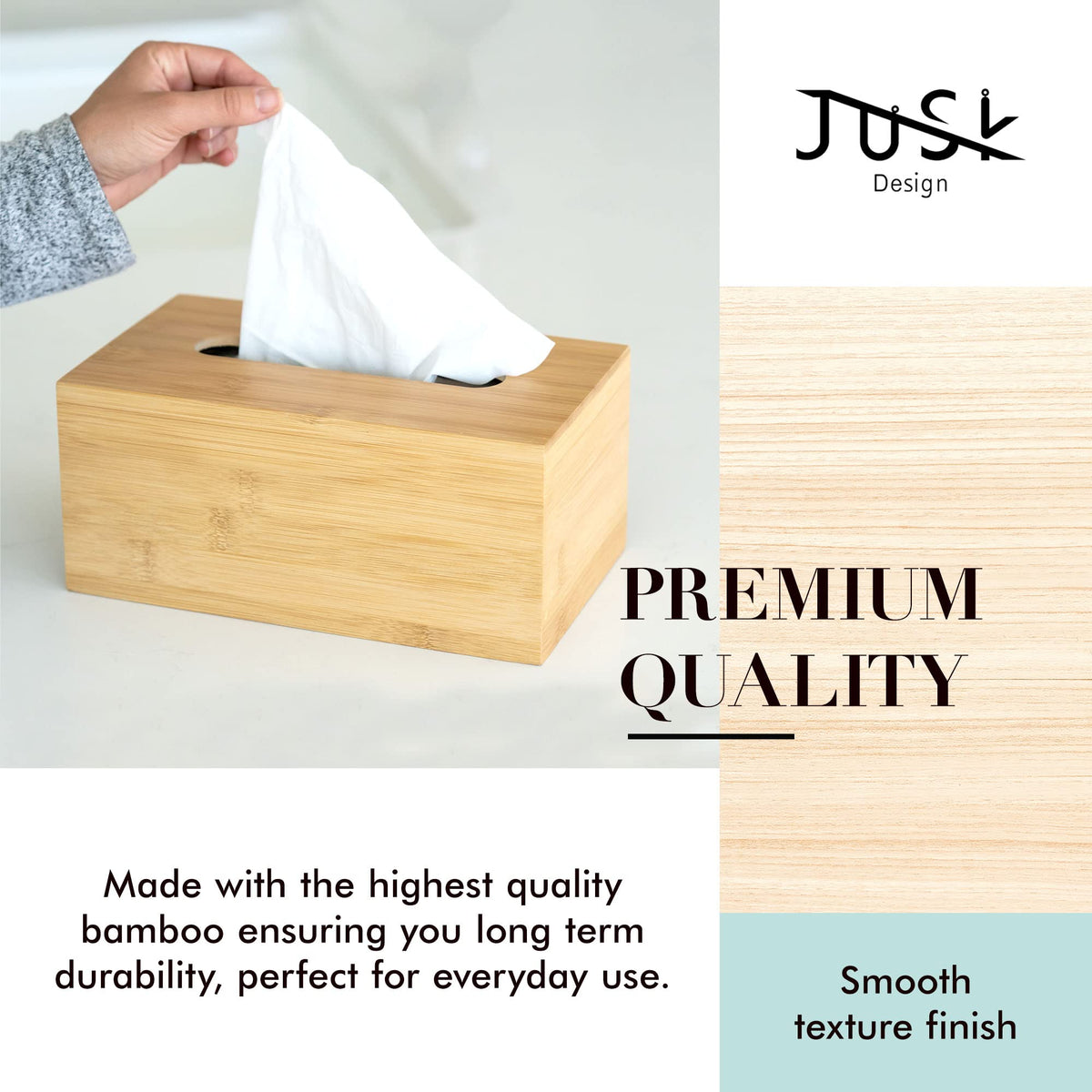 JUSK Design Tissue Box Holder, Modern, Minimalist, and Durable Wooden Bamboo Tissue Box with Sliding Bottom, Easy-Refill Premium-Quality Bamboo Tissue Box Cover, Fits 184-Count Box, Rectangular