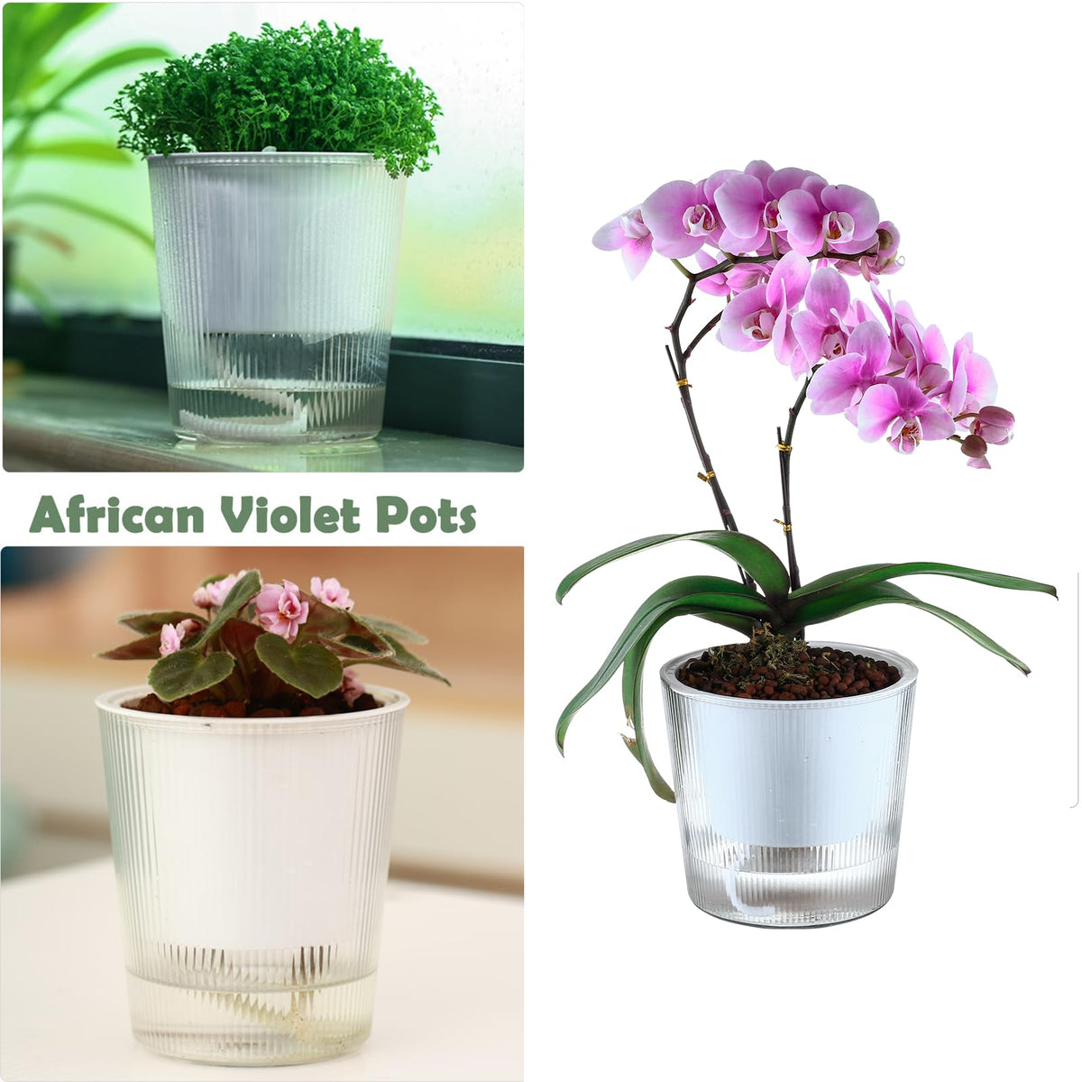 4-Pack 6.5 Inches Clear Self-Watering Planters and Pots for Indoor Plants Large Orchid Plant Pots Plastic Wick Flower Pots, African Violet Pot Set, Home Decor Pot