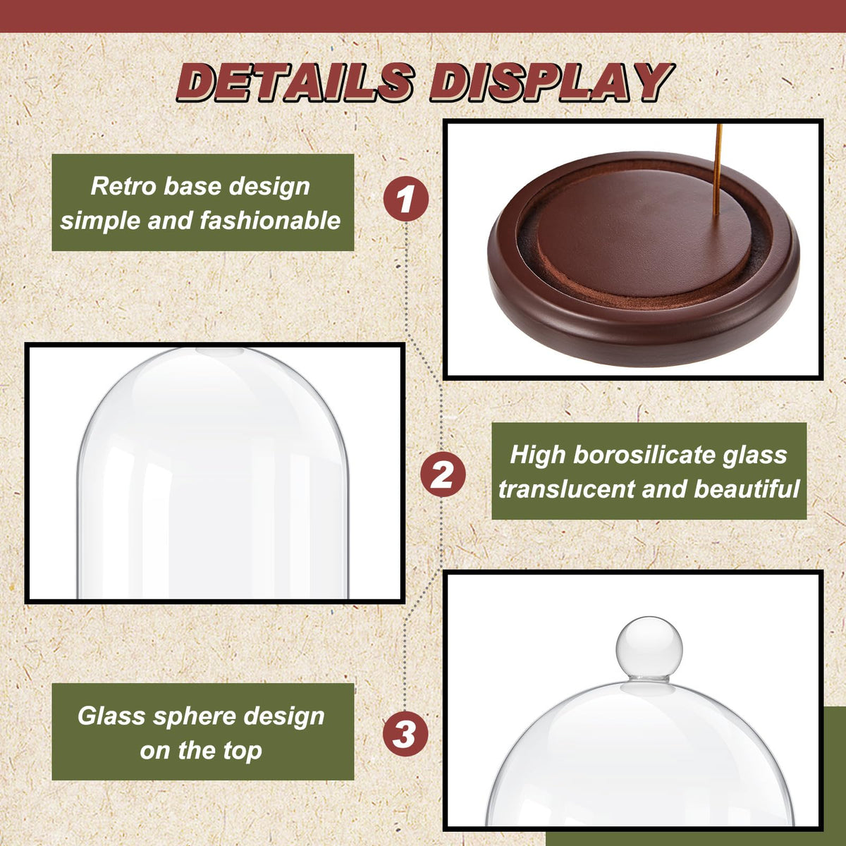 Beeveer 2 Pcs Clear Pocket Watch Glass Display with Hooks Dome Cloche with Wood Base Christmas Decorative Showcase for Watch Plants Medals Photos Collectibles(Reddish Brown,3" X 5",Heading Style)