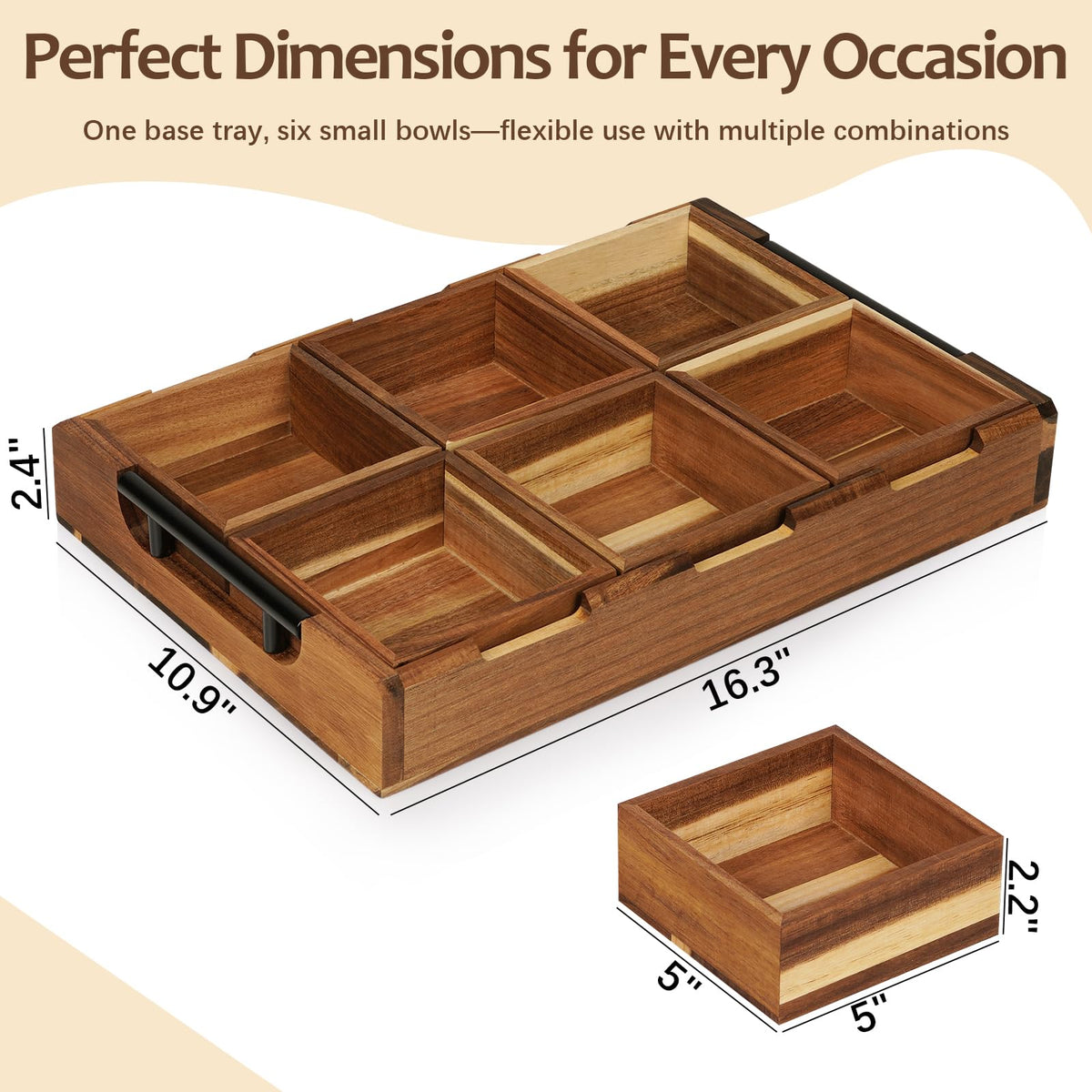 Exttlliy Acacia Wooden Modular Serving Tray with Handle, Set of 6 Rectangular Trays for Charcuterie, Fruit, Snacks, Appetizers & Desserts, Serving Platter for Parties, Home Decor & Coffee Table