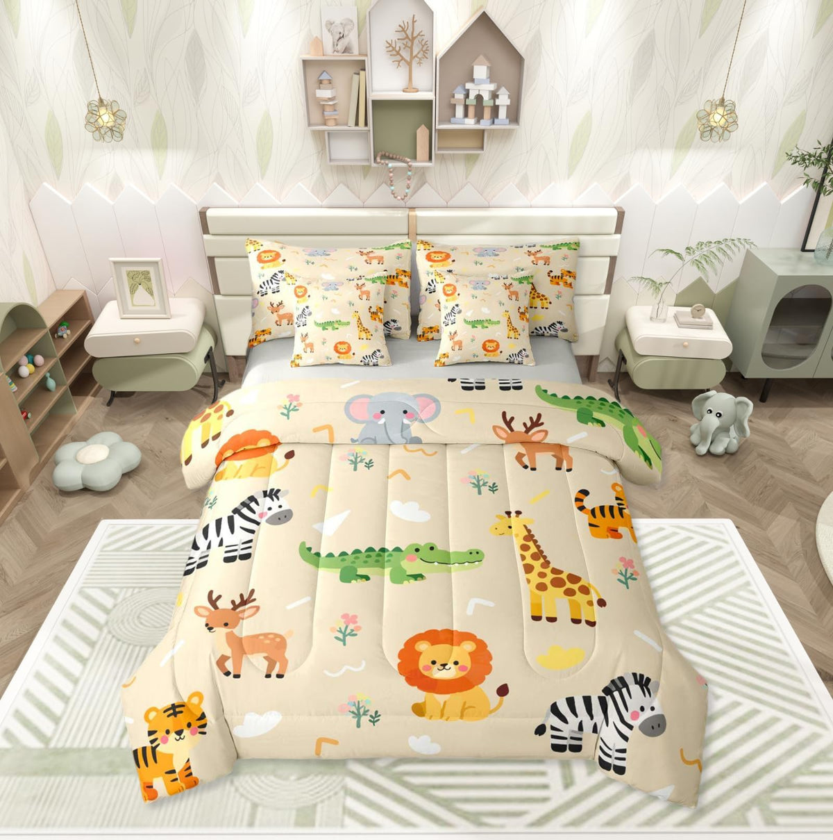Erosebridal Kids Zoo Animal 7 Piece Comforter Set Twin for Nursery Bedroom | Cute Wild Animals Bedding Set Lion Elephant Crocodile Wildlife Sheets Safari Wild Print Quilt Natural Theme Bed Set