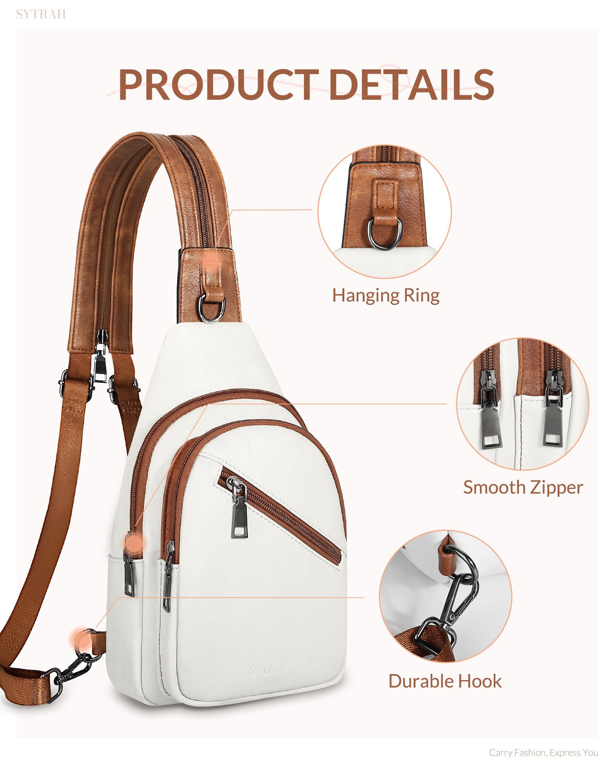 SYTRAH Sling Bag for Women, Crossbody Bags for Women Trendy Crossbody purse Vegan Leather Sling Backpack Chest Bag with Dual purpose Strap, Beige Brown
