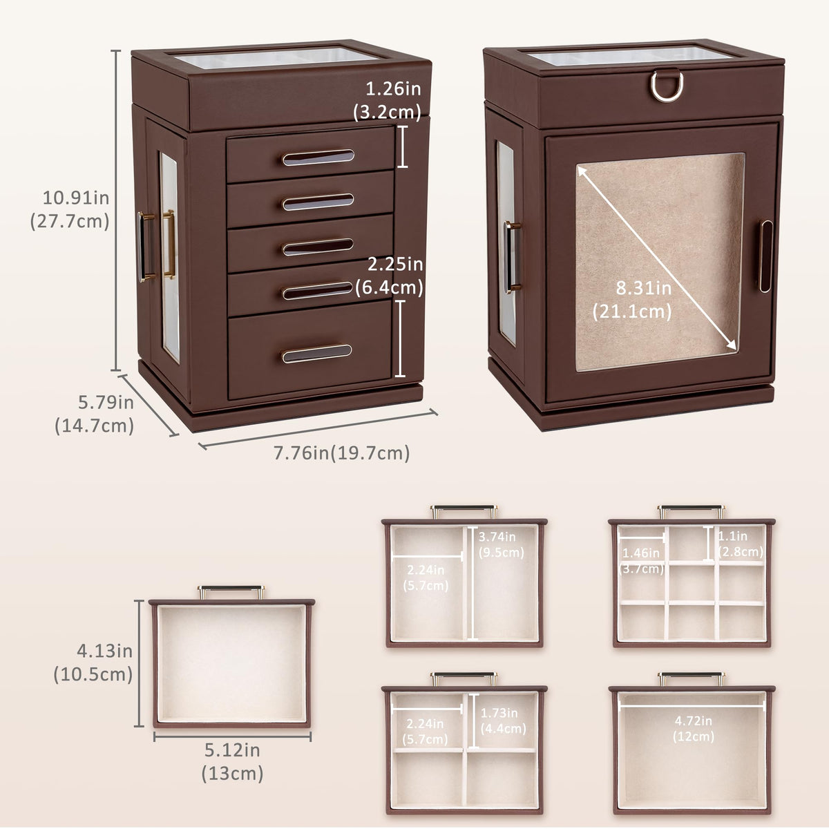 Kendal 360° Rotating Jewelry Box - Brown PU Leather Jewelry Organizer with Shadow Box & Pinboard, Detachable Top Tray, Drawers & Push Pins for Personalized Accessory Display & Storage