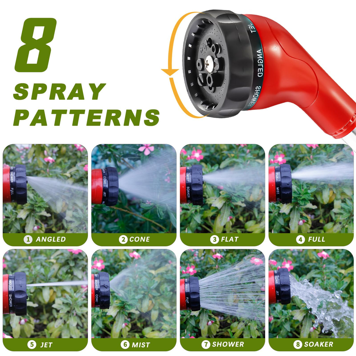 GREEN MOUNT Watering Wand, Heavy Duty Garden Hose Wand with 8 Spray Patterns, 16-Inch Hose Sprayer Nozzle with Flow Control, Ideal for Lawn and Garden Use, Red