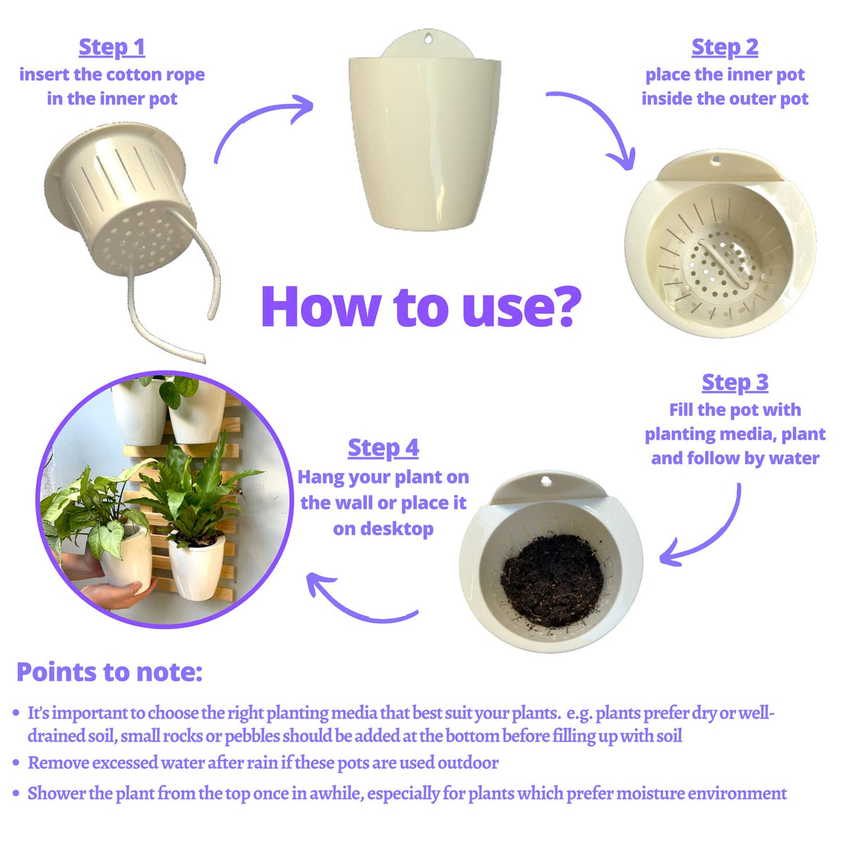 ShopLaLa Bundle- 4" White Self Watering Plastic Pots x 10 Pack + White Wooden Hanging Planters x 2 Pack Vertical Wall Mounted Pot Holder Indoor Plants Modern Hydroponic Herb Succolent Garden LaLaGreen