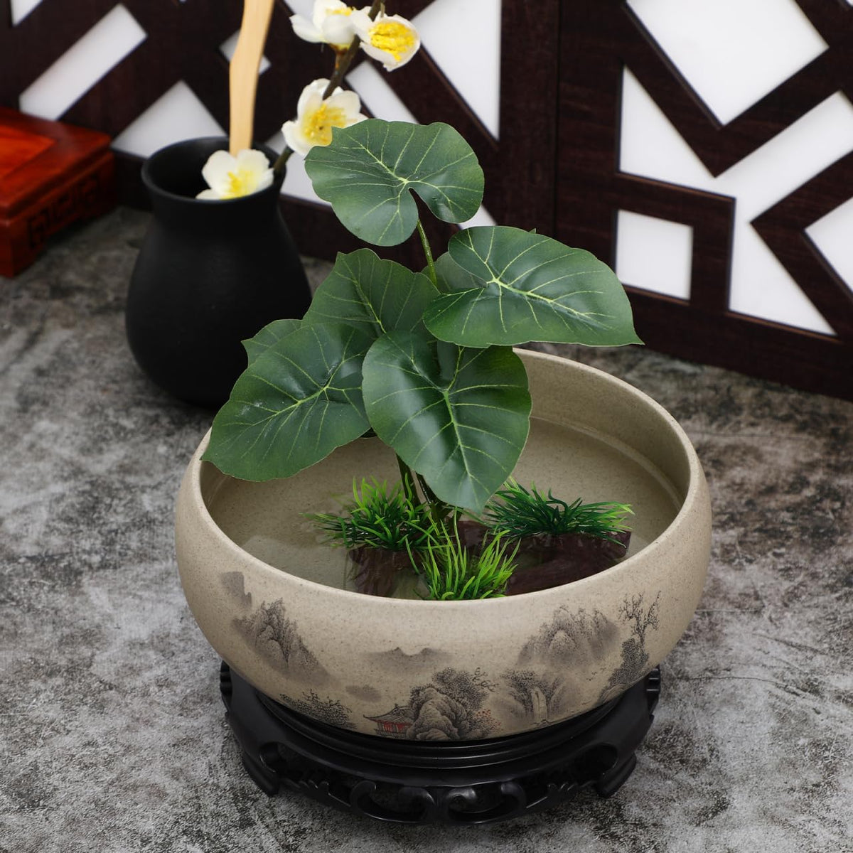 Kisangel Lotus Bowl Planter for Water Lilies, 6.68" No-Hole Coarse Pottery Water Lily Pot with Base, Compact Lotus Bowl for Indoor Zen Desktop Decor & Aquatic Plants