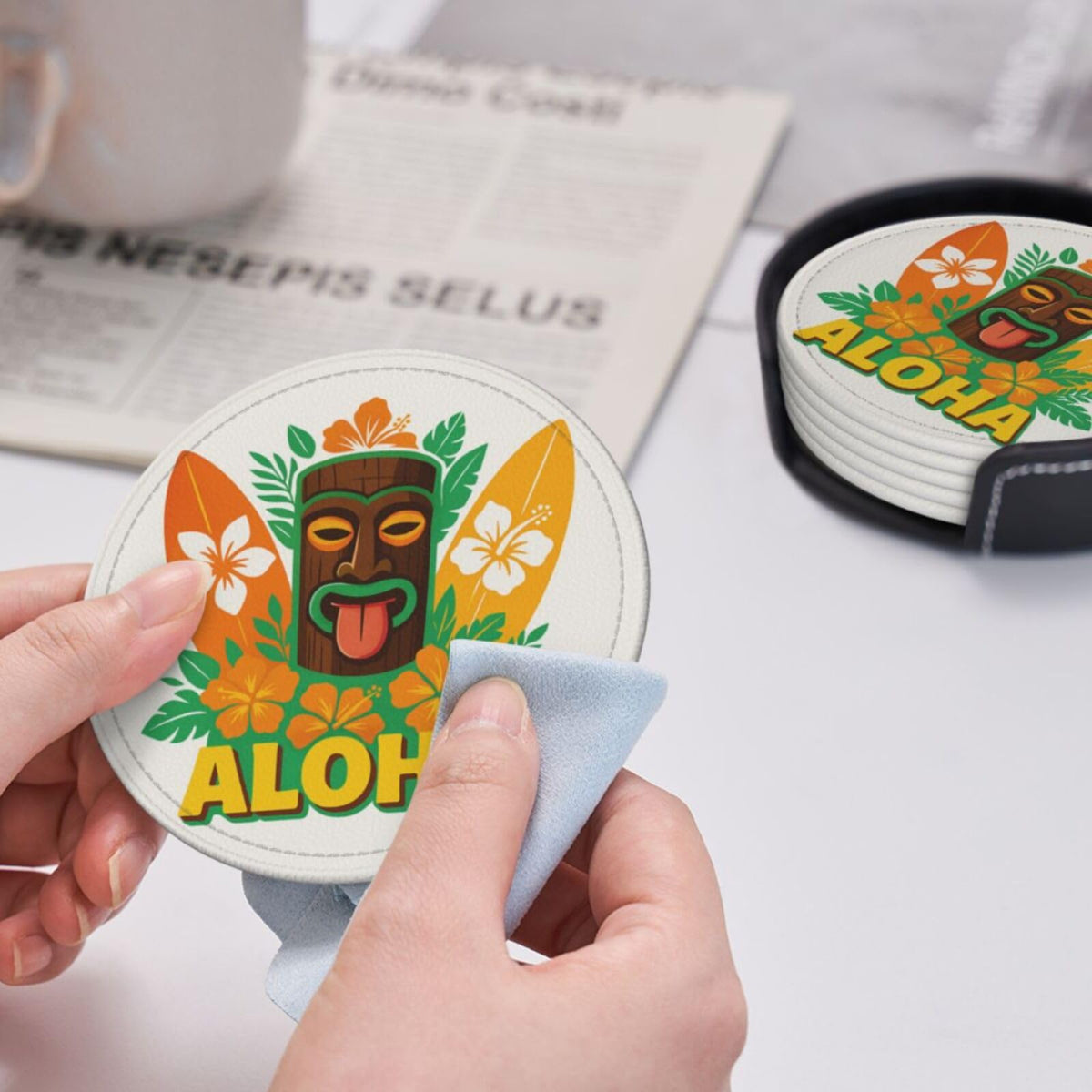 6 Pcs Leather Coasters for Drinks with Holder Sunflower Cute Bee Gnomes Coaster Sets Drink Table Cup Coasters for Kitchen Coffee Decor