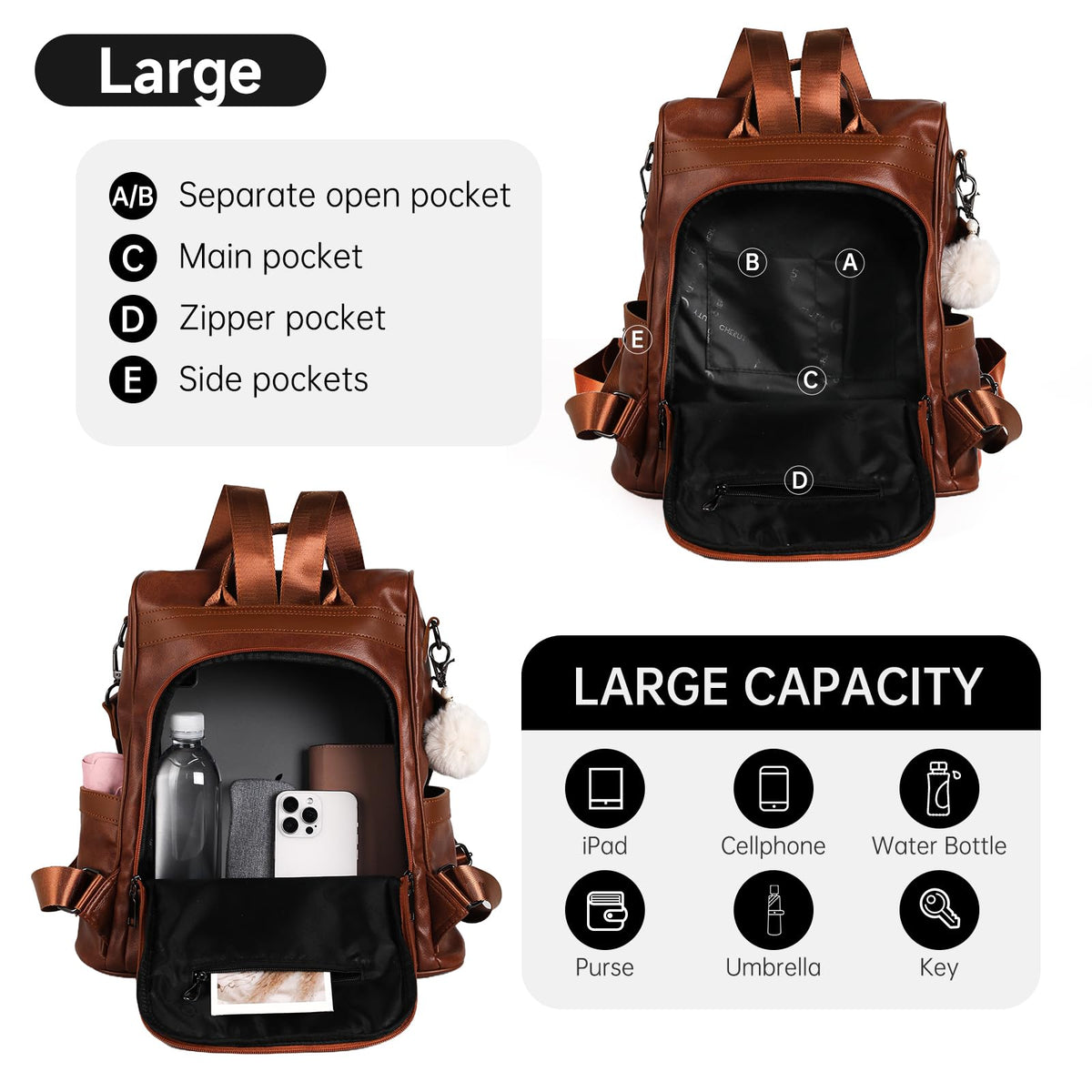 CHERUTY Women Backpack Purse PU Leather Anti-theft Casual Shoulder Bag Fashion Ladies Satchel Bags(Tan-Large)