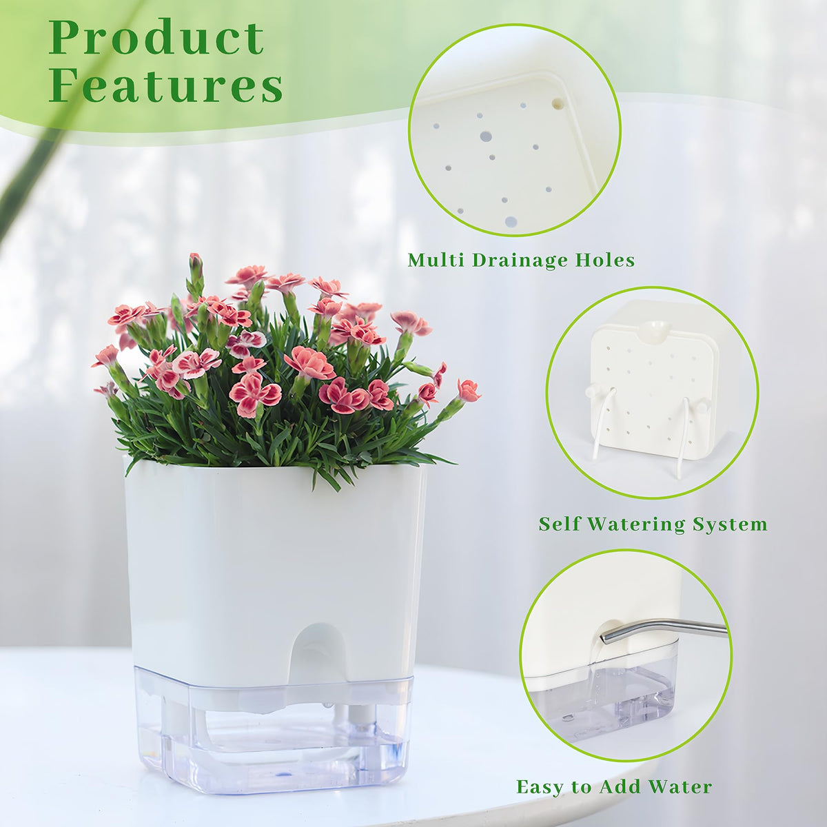 FAMZ Self Watering Planters 4 Pack，Self Watering Pots for Indoor Plants，Automatic Moisturizing，Transparent Square Flower Pot for Indoor and Outdoor Plants，Succulents，Violets，Ivy