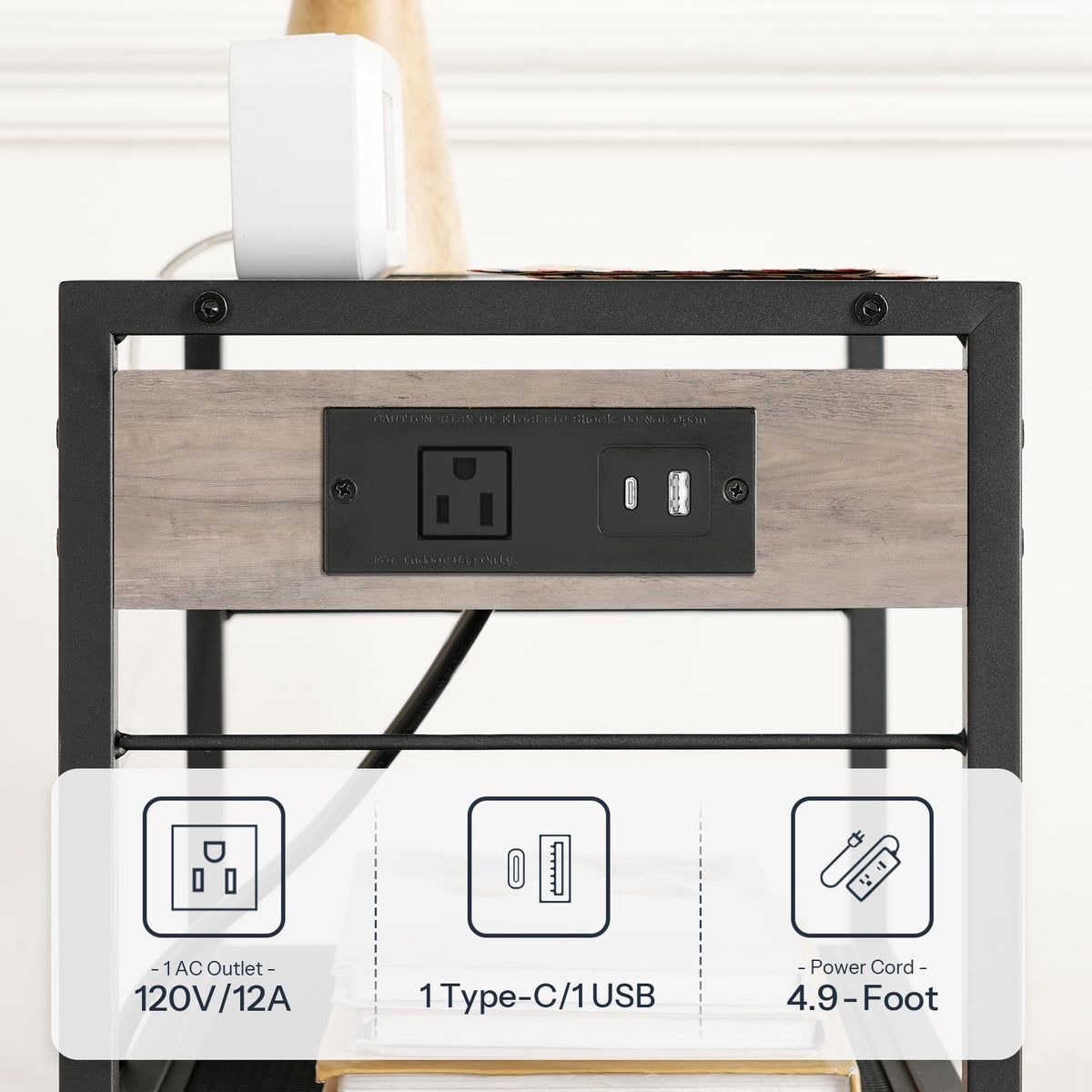 HOOBRO Industrial Printer Stand, 3-Tier Mobile Printer Table, Rolling Cart with Power Outlets and USB Ports, Home Printer Stand with 2 Hooks, for Office, Living Room, Greige and Black BG22UPS01