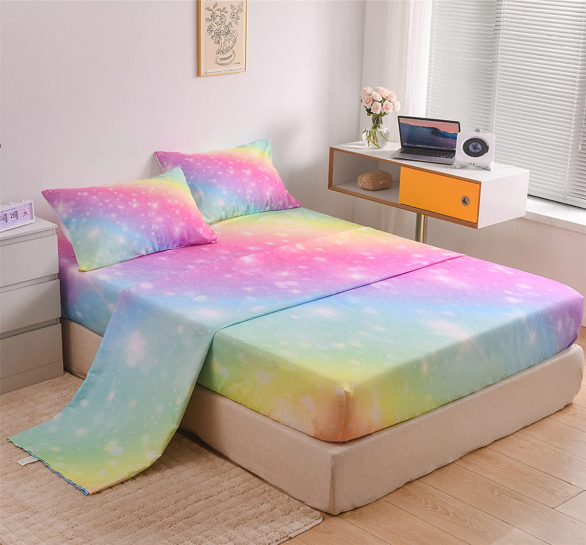 URLINENS Rainbow Sheets Full Size 4 Piece, Tie Dye Pastel Girls Sheet Set for Kids Teens, Glitter Fun Girly Bed Sheets Soft Microfiber Rainbow Bedding Set 1 Fitted Sheet 1 Flat Sheet 2 Pillowcases