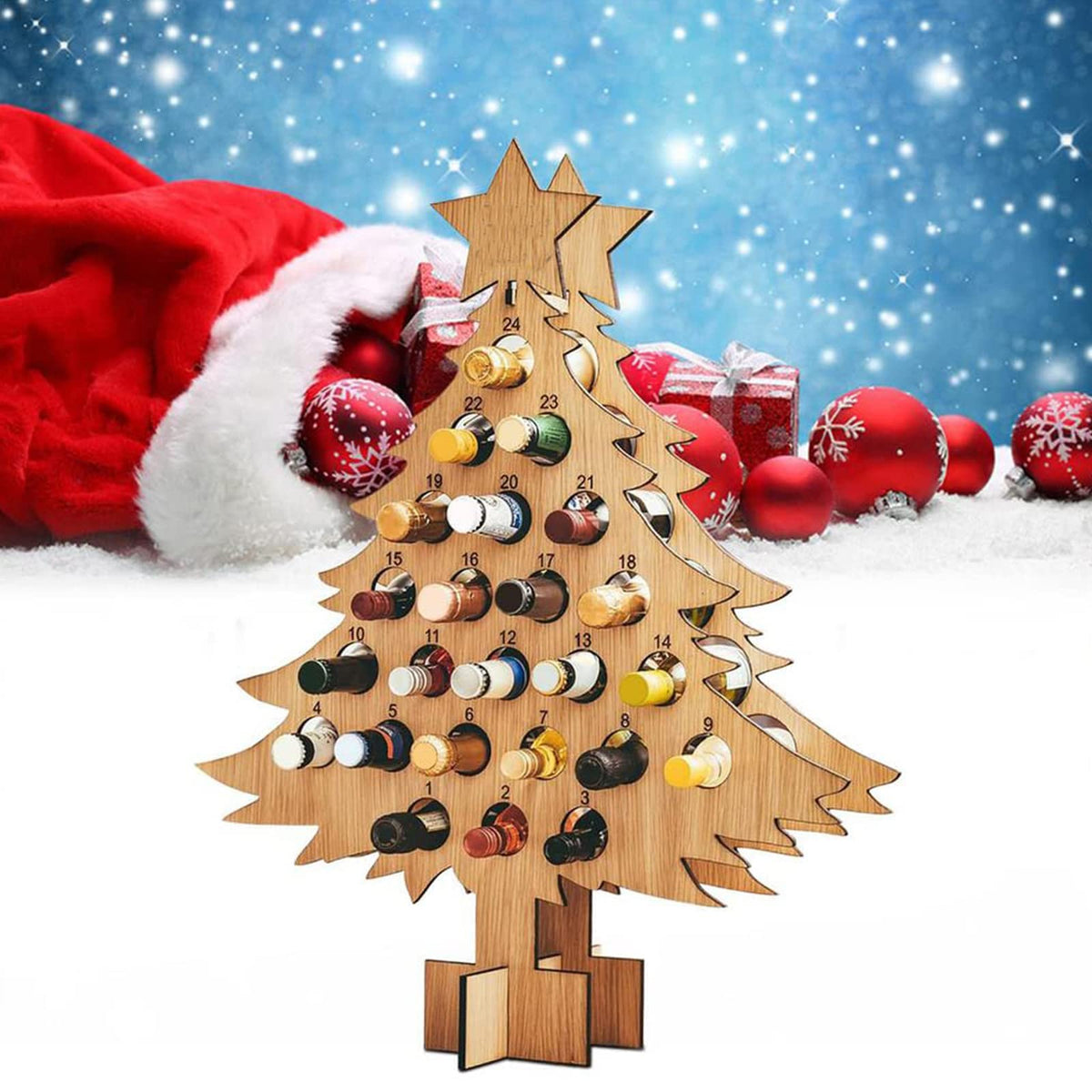 Christmas Countdown Wine Rack, Christmas Tree Wine Rack, Wooden Advent Calendar 24 Days Christmas Tree Wine Bottle Holder, Adult Christmas Tree Countdown Decorations(Tree-S)