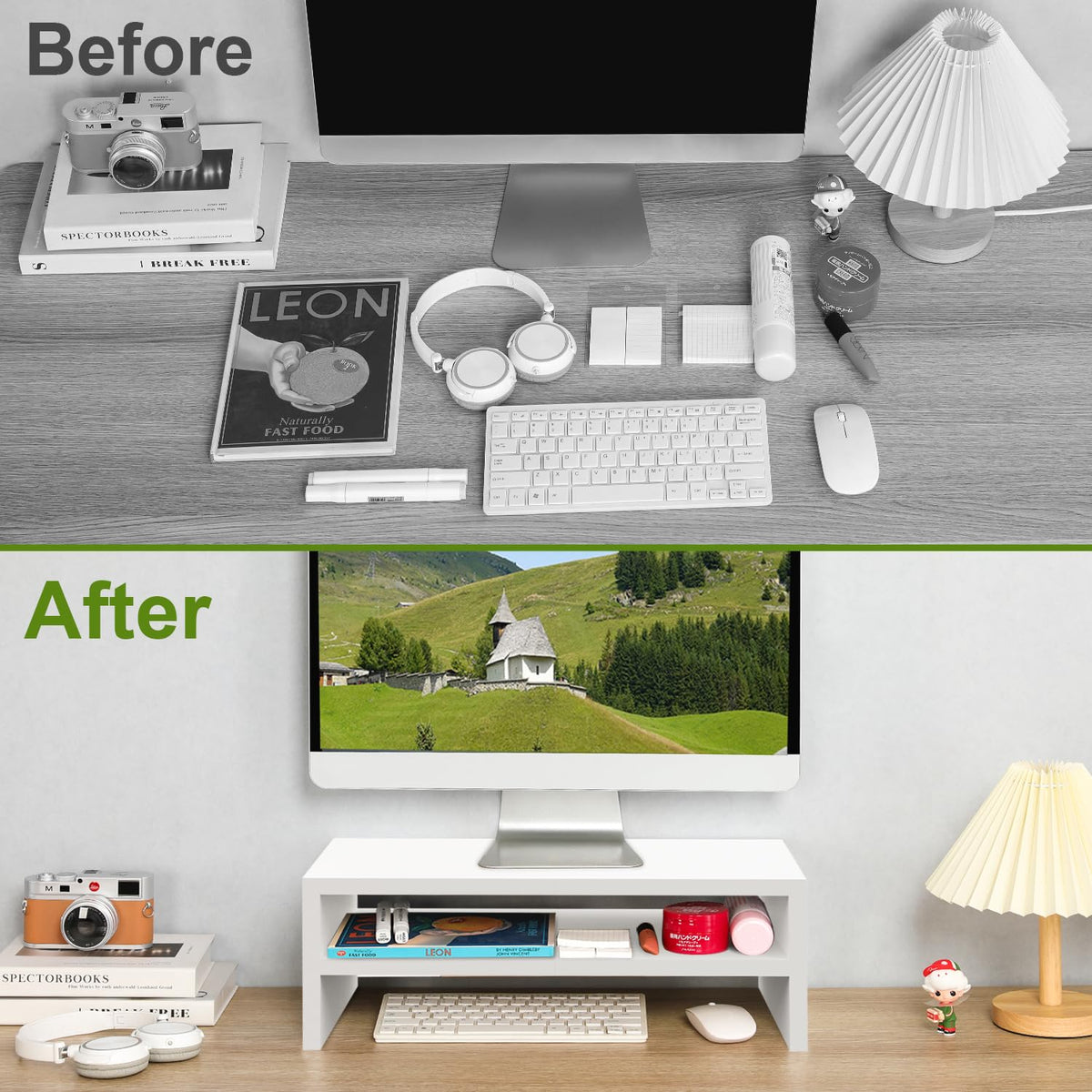 TEAMIX 2 Tier White Wooden Laptop Stand and 2 Pack 20 inch White Monitor Stand Riser for Computer Desk Home Office Organization.