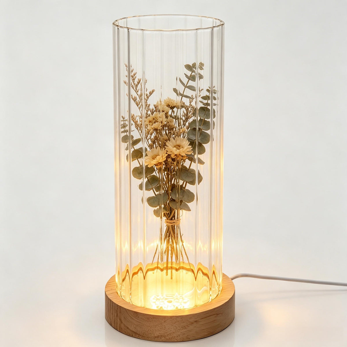 Wisifayardin Ribbed Glass Cylinder Vase with LED Light Base - 7.9 Inch Clear Fluted Bud Vase for Flowers Pampas Grass, Light Up Terrarium Fish Bowl Centerpiece, Home Decor Gift