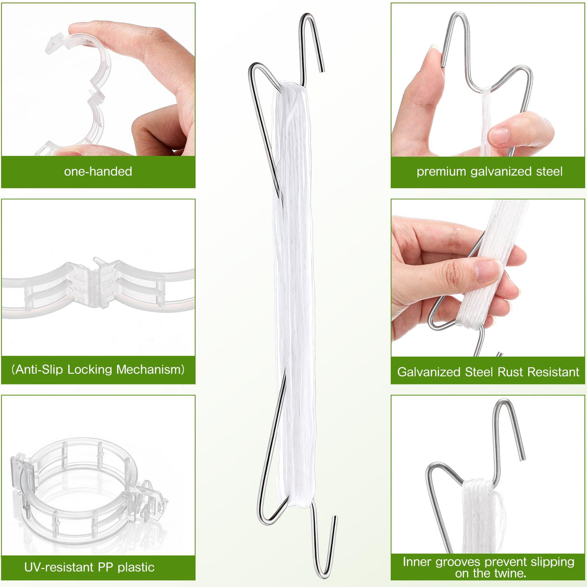 Hushee 100 Pack Tomato Hooks with 200 Garden Clips & 32.8ft String, Tomato Hooks for Climbing Plants, Heavy Duty Plant Support Kit for Greenhouse, Vegetable Plant Fruit Flower