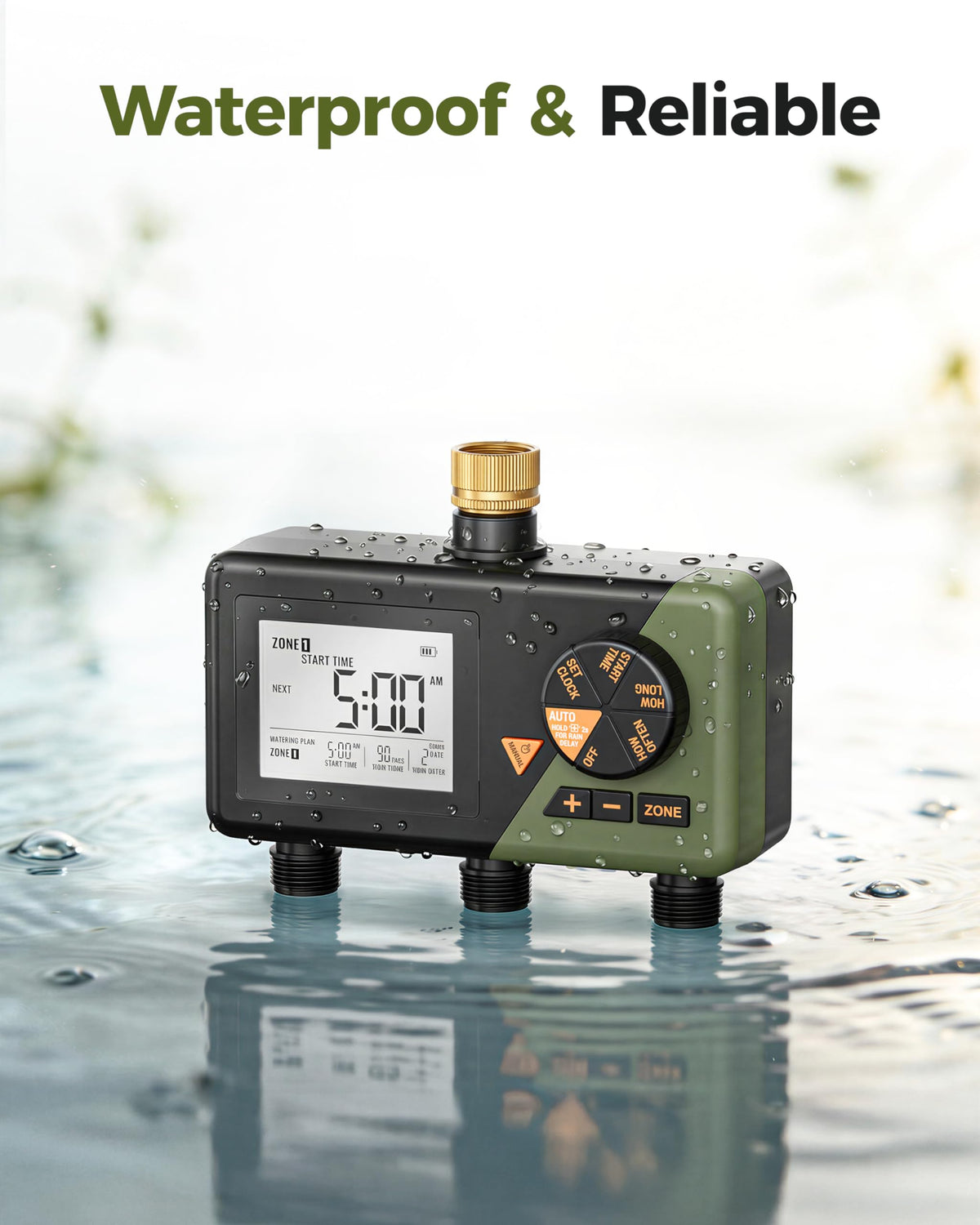 Diivoo Brass 3 Zone Sprinkler Timer, Programmable Hose Timers for Watering 3 Outlet with Large Display, Rain Delay & Manual Mode for Outdoor Automatic Irrigation of Garden, Lawn, Yard