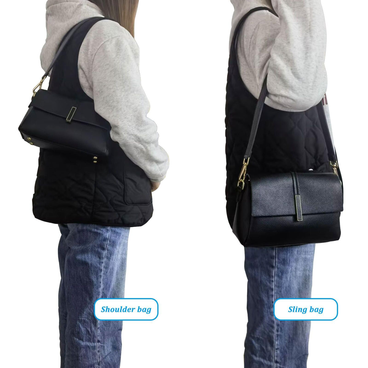 Live Up 24.8” Leather Replacement Strap for Handbags with Metal Buckles(Black-Gold Hardware)