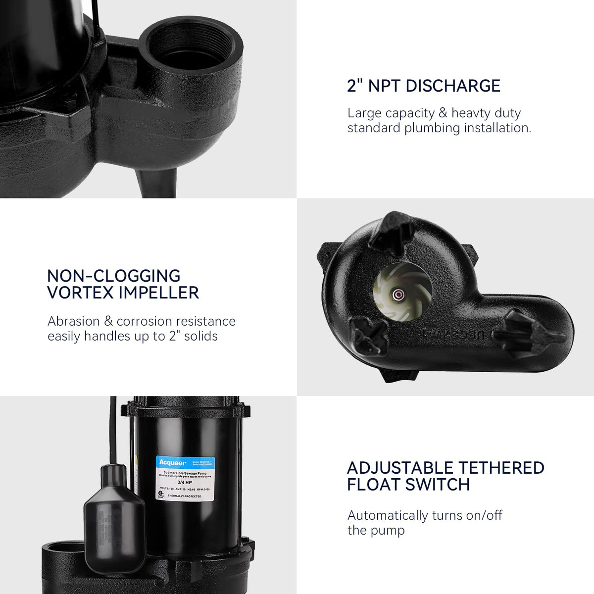 Acquaer Sewage Pump, Cast Iron, Automatic Tethered Float Switch, Sewage Effluent Pump for Sump Basin, Basement, Residential Sewage, 2'' NPT Discharge, Dark
