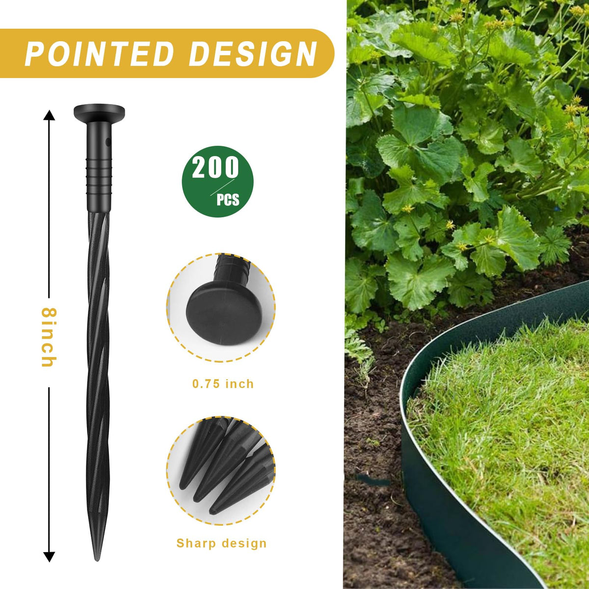 Aolabela 200 Pack 8 Inch Plastic Landscape Edging Anchoring Stakes Garden Lawn Yard Spikes Landscaping Stakes for Paver Edging, Weed Barrier, Tent, Artificial Turf