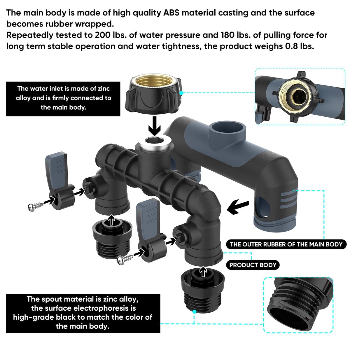 2 way hose splitter outdoor spigot splitter hose bib adapter garden faucet manifold water hose connector multiple hose connection garden watering - Grey