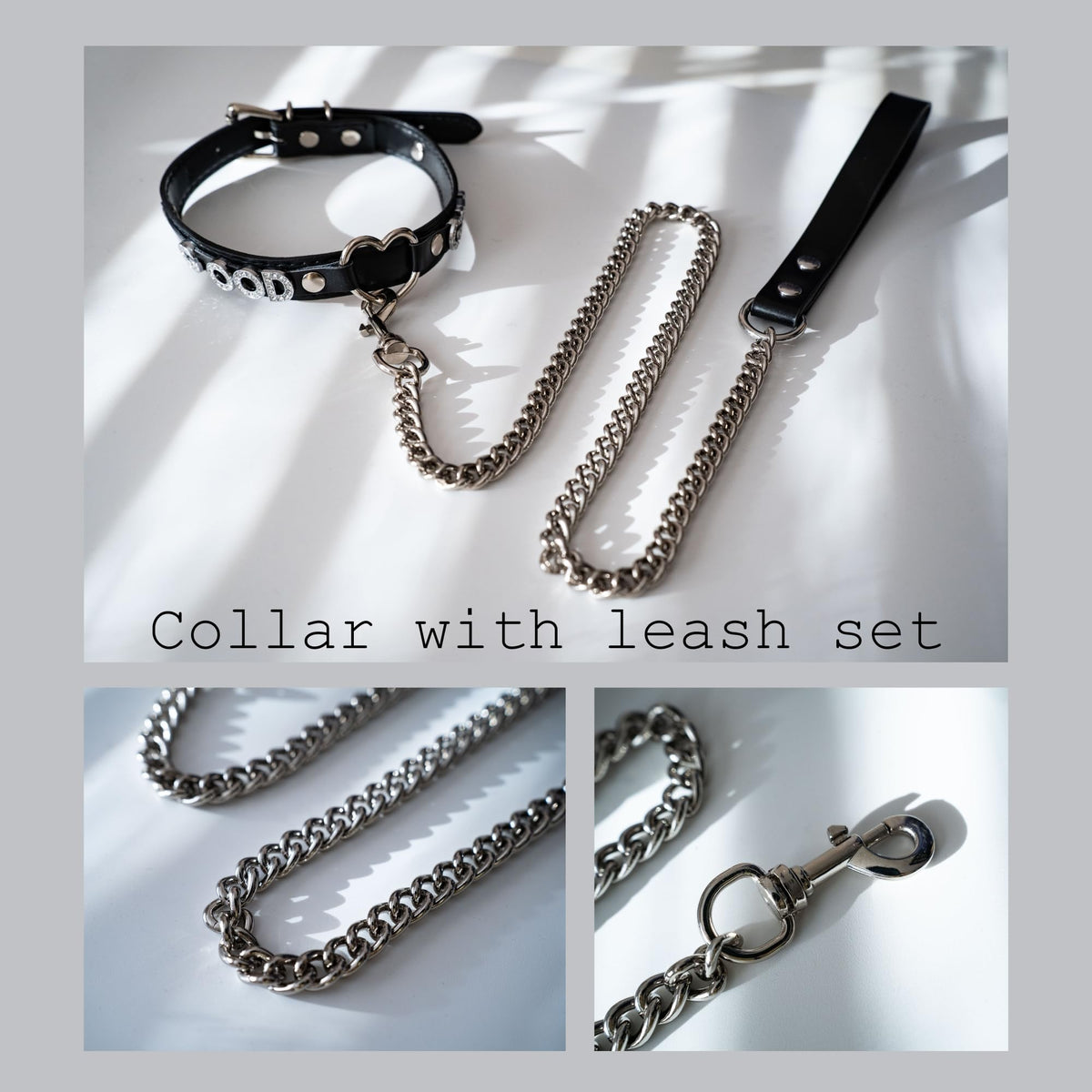 ADEMISHIA Black Heart O-ring Leather Collar and Leash Set, Adjustable Gothic Choker Necklace with Rhinestones Letters 38 Inches Durable Aluminum Chain Leash
