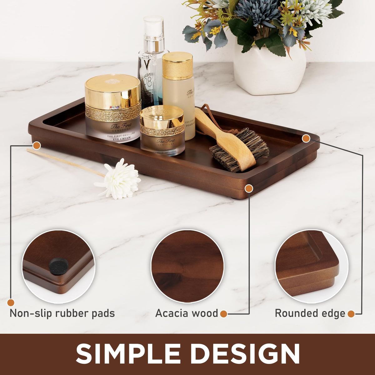 Bathroom Vanity Tray 11.8x5.9in of Acacia Wood - Elegant Organizer for Cosmetics, Jewelry, Perfume, Candle, Key - Premium Wood Tray for Bathroom, Kitchen, Countertop, Toilet Tank, Sink (Dark Brown)