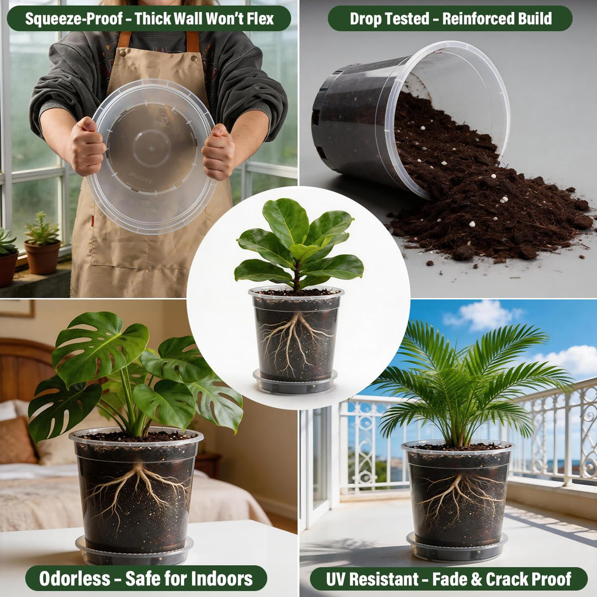 BTPLASTIK 2 Gallon Clear Nursery Pots with Saucers 5P, 7.5 Inch Round Plastic Plant Pots with Drainage Holes