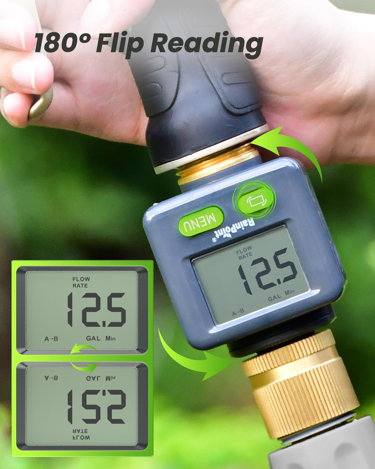 RAINPOINT Water Flow Meter with Brass Inlet & Outlet, 180° Screen-Flip Water Meter, Measure Gallon/Liter Consumption for RV Filling, Garden Watering, Sprinkler and Hoze Nozzle
