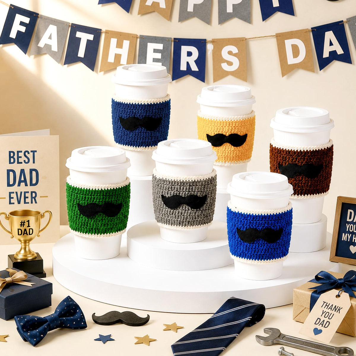 Cinrobiye Crochet Coffee Cup Sleeve Set, Father’s Day Gift Set for Dad and Grandpa, Reusable Knit Mug Cozy Covers 6 Pack with Appreciation Cards, Blue Coffee Cup Holder Gift