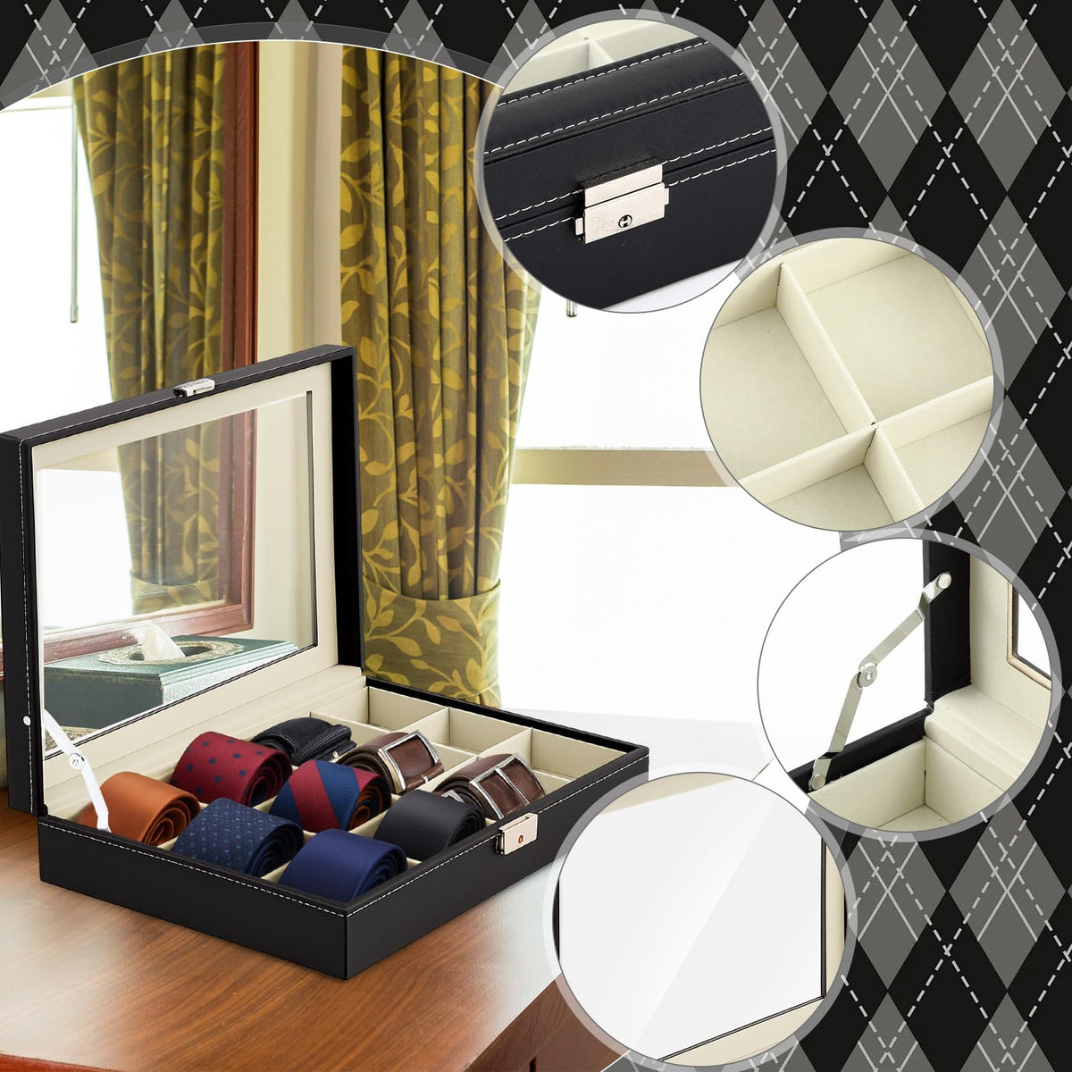 AceOrbit Luxury Tie Display Case with Glass Lid – 12 Slot Organizer for Men's Ties, Belts & Accessories, Lockable Dresser Storage Box, Elegant Gift for Husband or Father