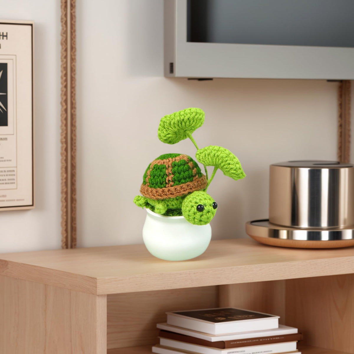 Joygoodta Crochet Turtle in Pot, 4.7in Adorable Crochet Plants Decor, Cute Green Turtle Planter with Leaf, Unique Home Desk Decoration for Plant & Animal Lovers