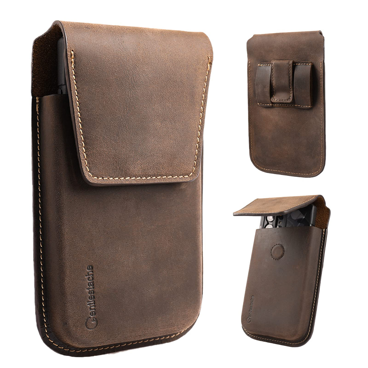 Gentlestache Leather Phone Holster for iPhone 17 16 15 14 Pro Max & Plus - Belt Clip Cell Phone Case for S25 S24 Ultra & Plus - Magnetic Closure Leather Belt Holder Pouch, XL, Darkbrown