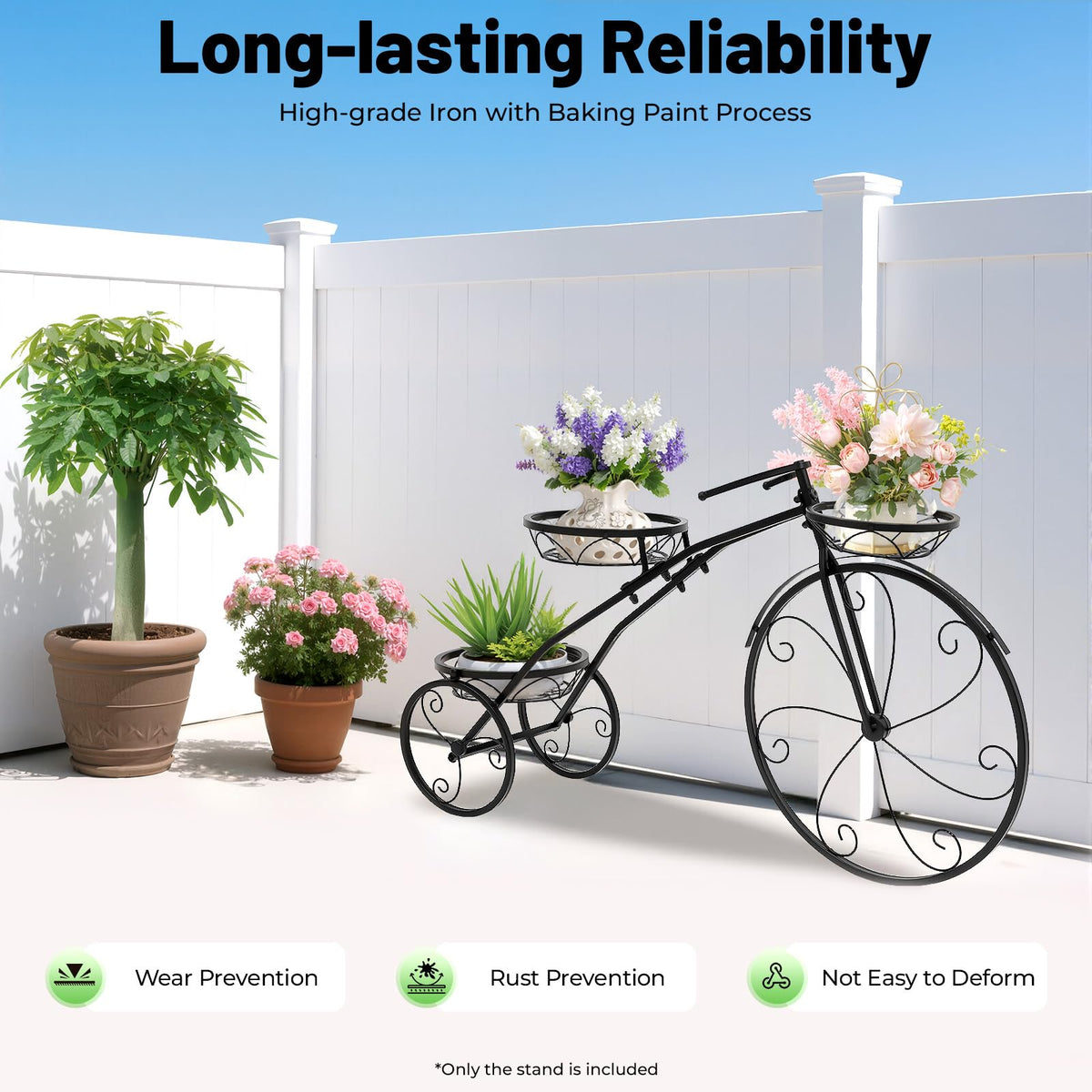 DNYSYSJ Tricycle Plant Stand, Metal Bicycle Plant Stand-Flower 3 Pots Cart Holder Planter Rack Display Yard Indoor Outdoor Garden Patio Decor (Black)