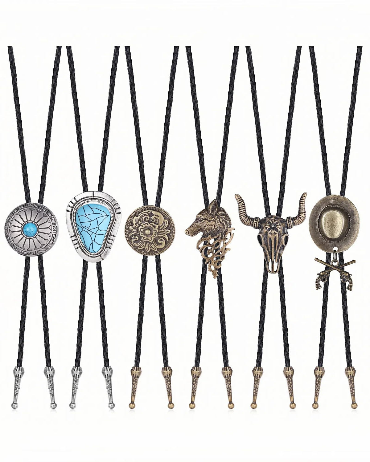 Subiceto 6Pcs Bolo Tie for Men Women Western Cowboy Natural Turquoise Tiger Eye Stone Handmade Shape Round Leather Necktie Vintage Native American Bola Tie Set Wolf