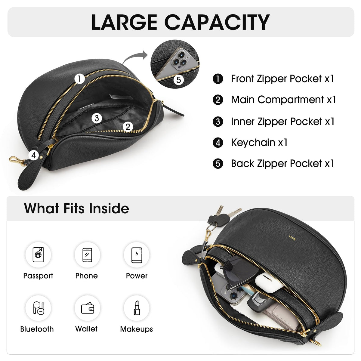 Kattee Crossbody Bag Bum Bags for Women, Leather Fanny Packs Belt Bag, Spacious Sling Purses for Women with RFID Blocking, Black