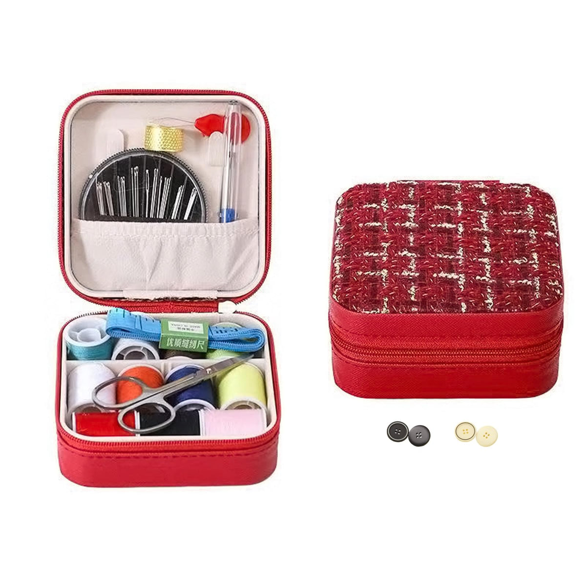 Mini Sewing Kit in Stylish Leather Case – Complete Set with Scissors, Needles, Thread, Needle Threader, Thimble & More – Perfect for Beginners & Travel (Red)
