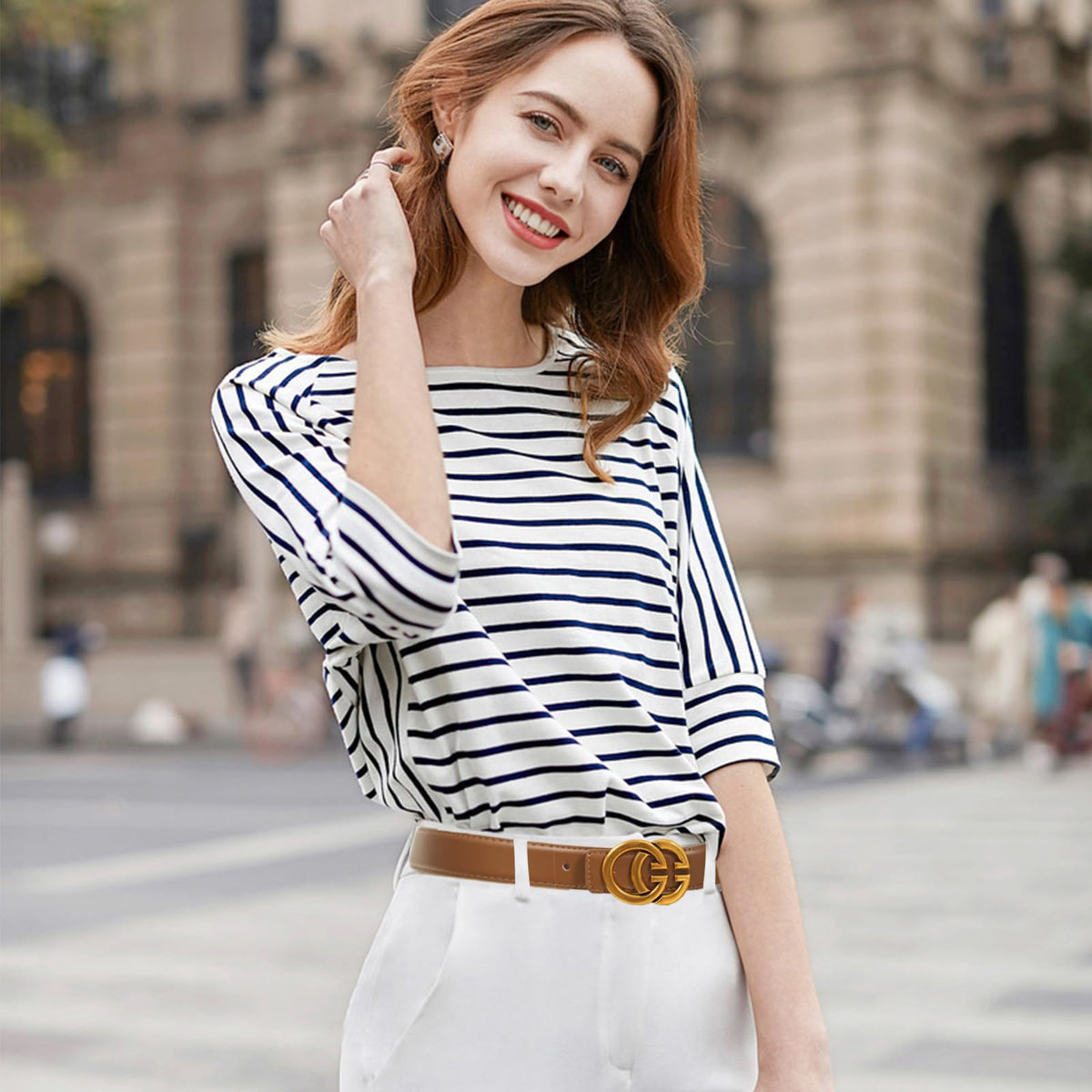 Aurolran Women's Fashion Classic Metal Buckle Leather Belt with Jeans Dress