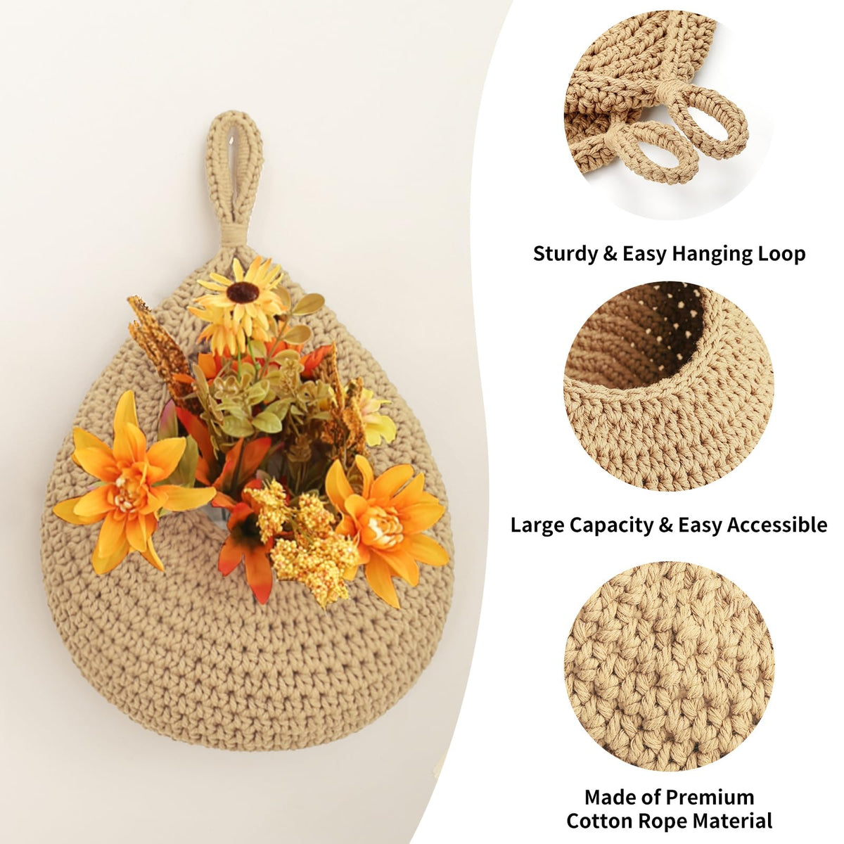 Boho Wall Hanging Fruit Baskets for Kitchen 3 Pack Woven Produce Holder with 6 Pcs Strong Hooks Vegetable Hanging Basket for Organizing Teardrop Home Wall Potato Onion Storage, Linen