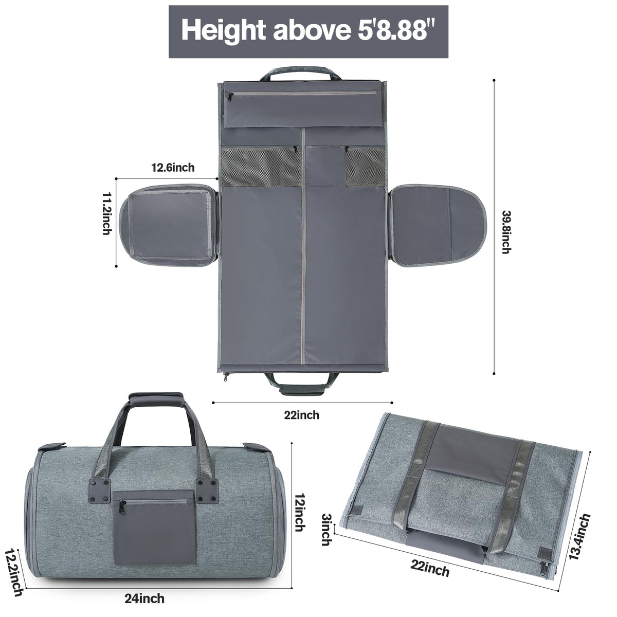 Richeart Garment Bags for Travel - Brand Zipper - Water Repellent Garment Bag with Shoe Compartment - 2 in 1 Convertible Suit Bag Travel with Shoe Bags - Large Dark Gray