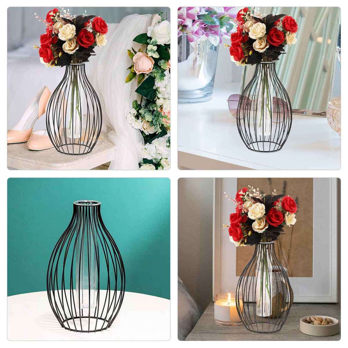 Veemoon Geometric Glass Tube Vase with Black Iron Art Frame, Small Hydroponic Plant Holder for Home Décor, Propagation Tubes Terrarium Display