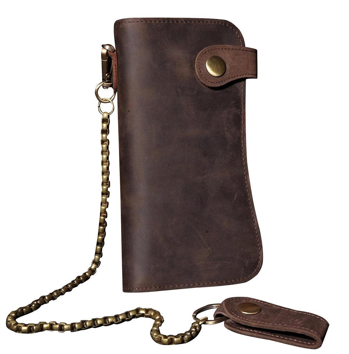 RS Mens Wallet with Chain Leather Long Bifold Trucker Wallet Vintage Biker Money Clip with Zipper(Brown w/Iron Chain)