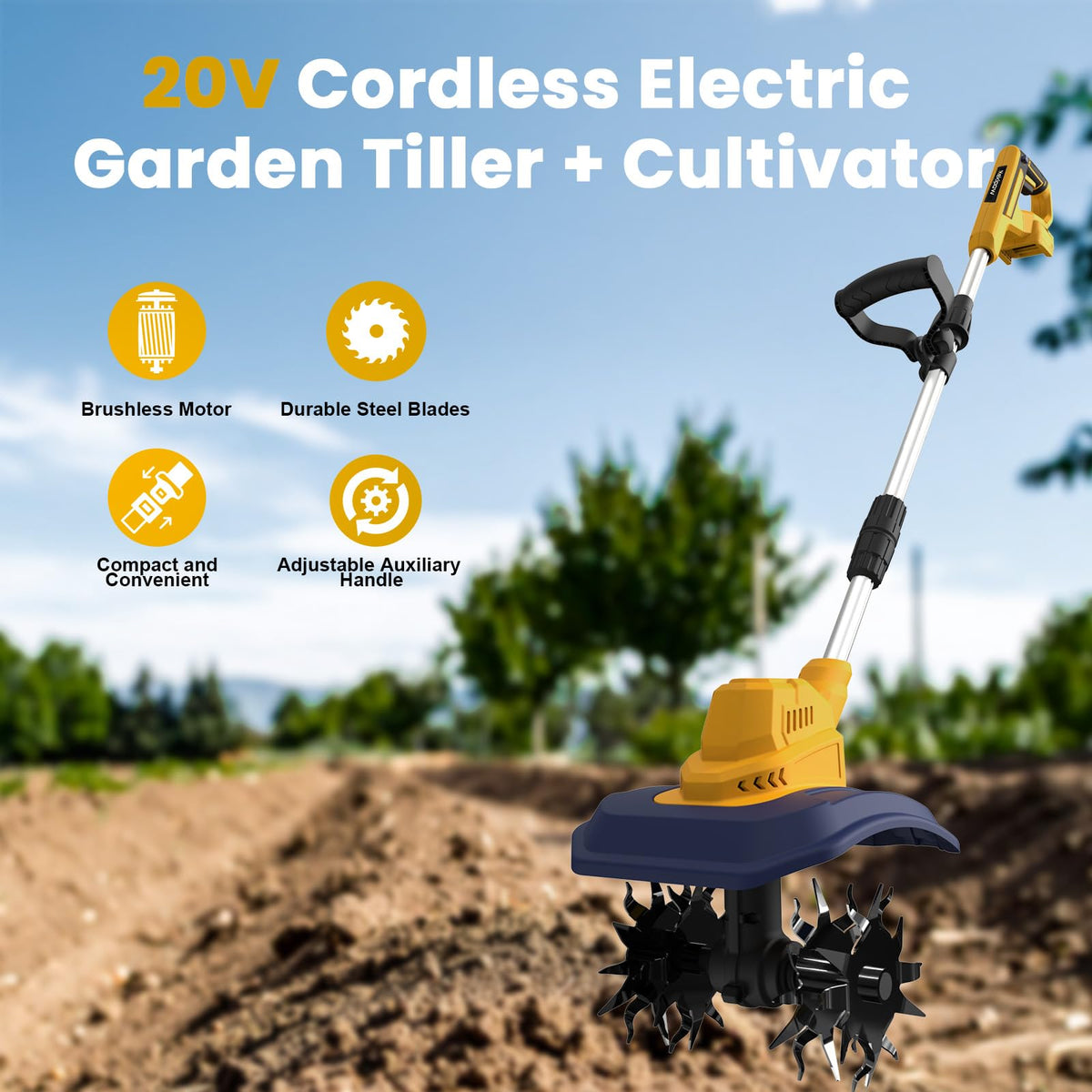 Cordless Garden Tiller Cultivator Compatible with Dewalt 20V/60V MAX Battery, 250RPM Electric Rototiller with Brushless Motor, 48 Steel Tines, 8.7" Tilling Width, 6.3" Depth, Rotary Tiller(Tool ONLY)