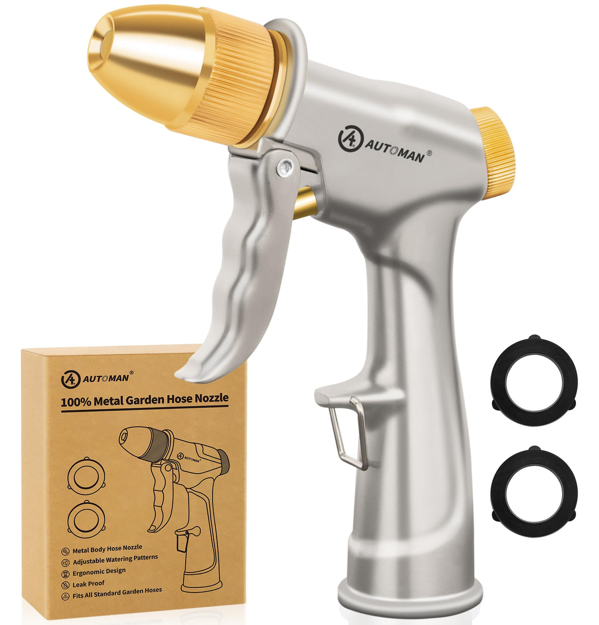 AUTOMAN Garden Hose Nozzle Sprayer - High Pressure 100% Metal Water Spray Nozzle With 4 Patterns - Heavy Duty for Watering Plants, Lawns, Washing Cars & Pets