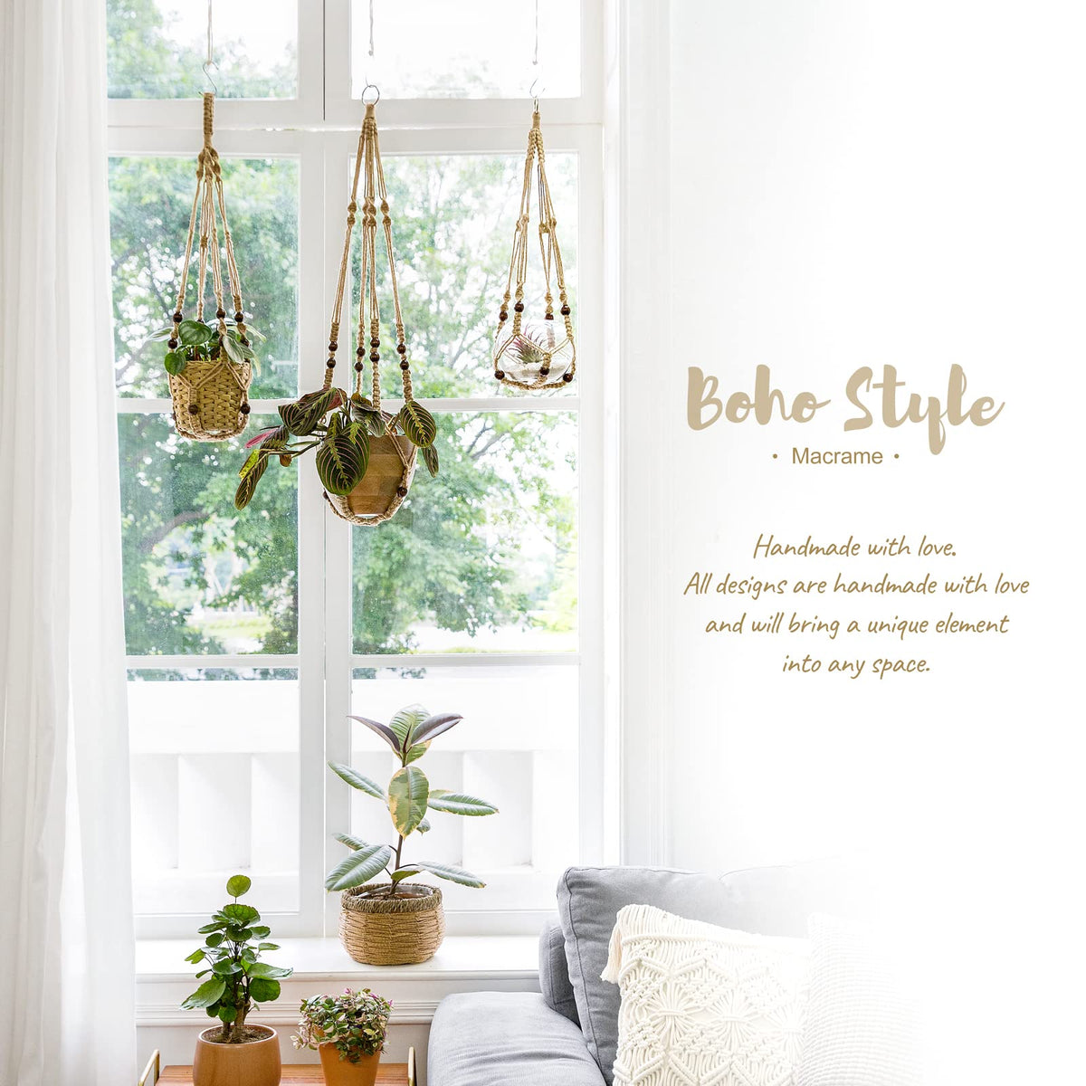 Mkono Set of 7 Macrame Plant Hangers Indoor 6 Different Size Hanging Planter Basket Flower Pot Holder 67"/46"//41"/35"/29"/23", Brown